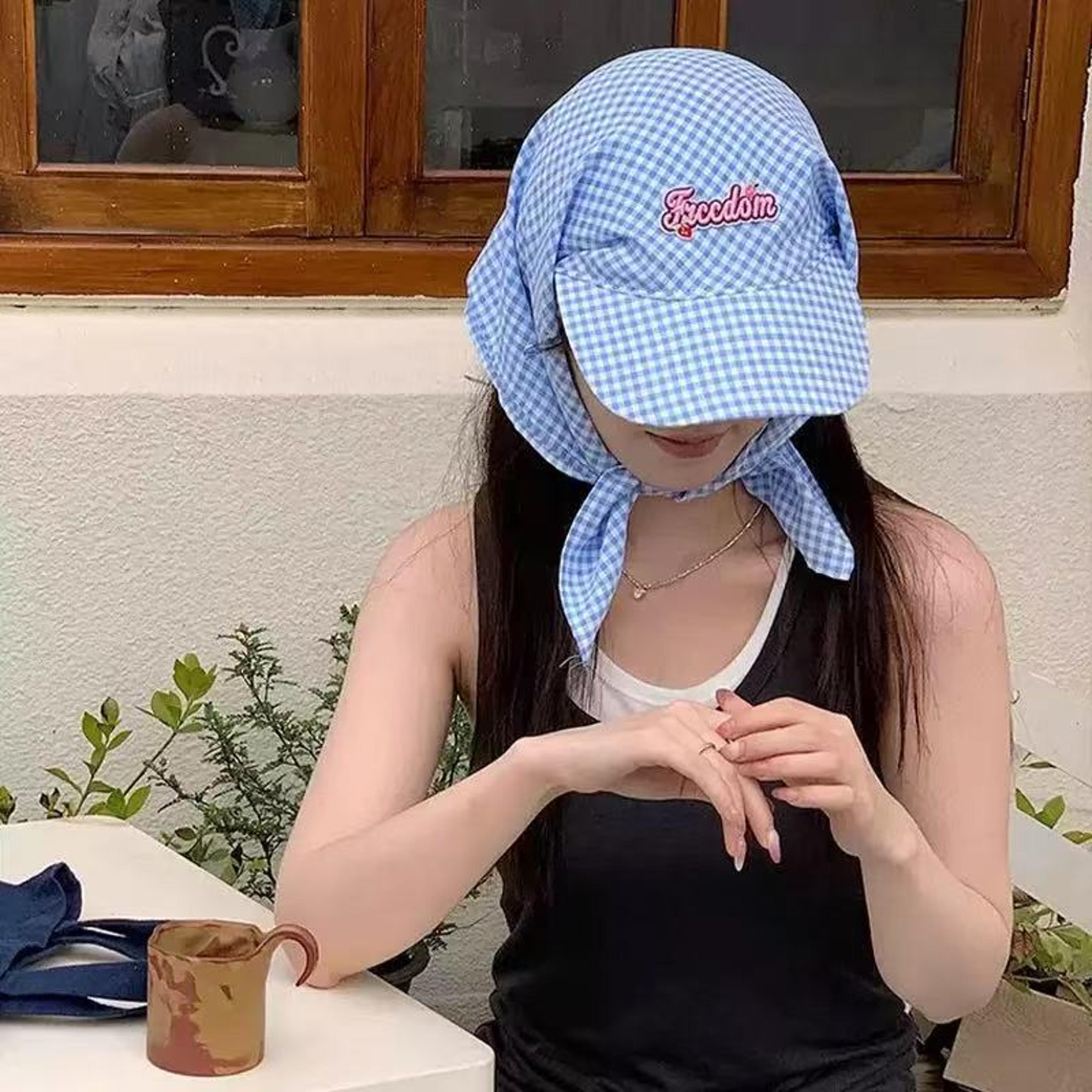 plaid sun hat for women korean style beach head scarf