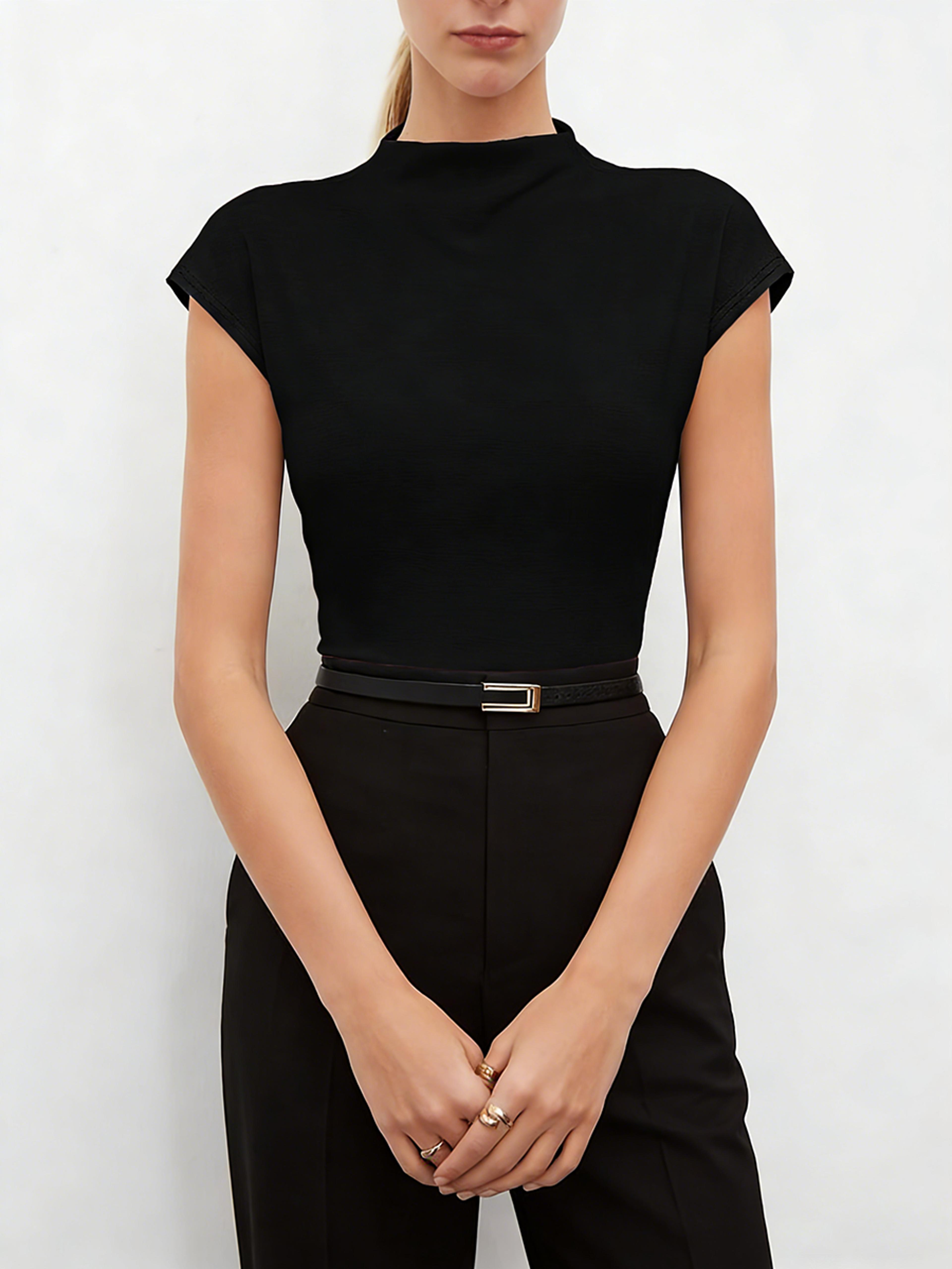 minimalist high neck cap sleeve knit fitted blouse women elegant lightweight summer top