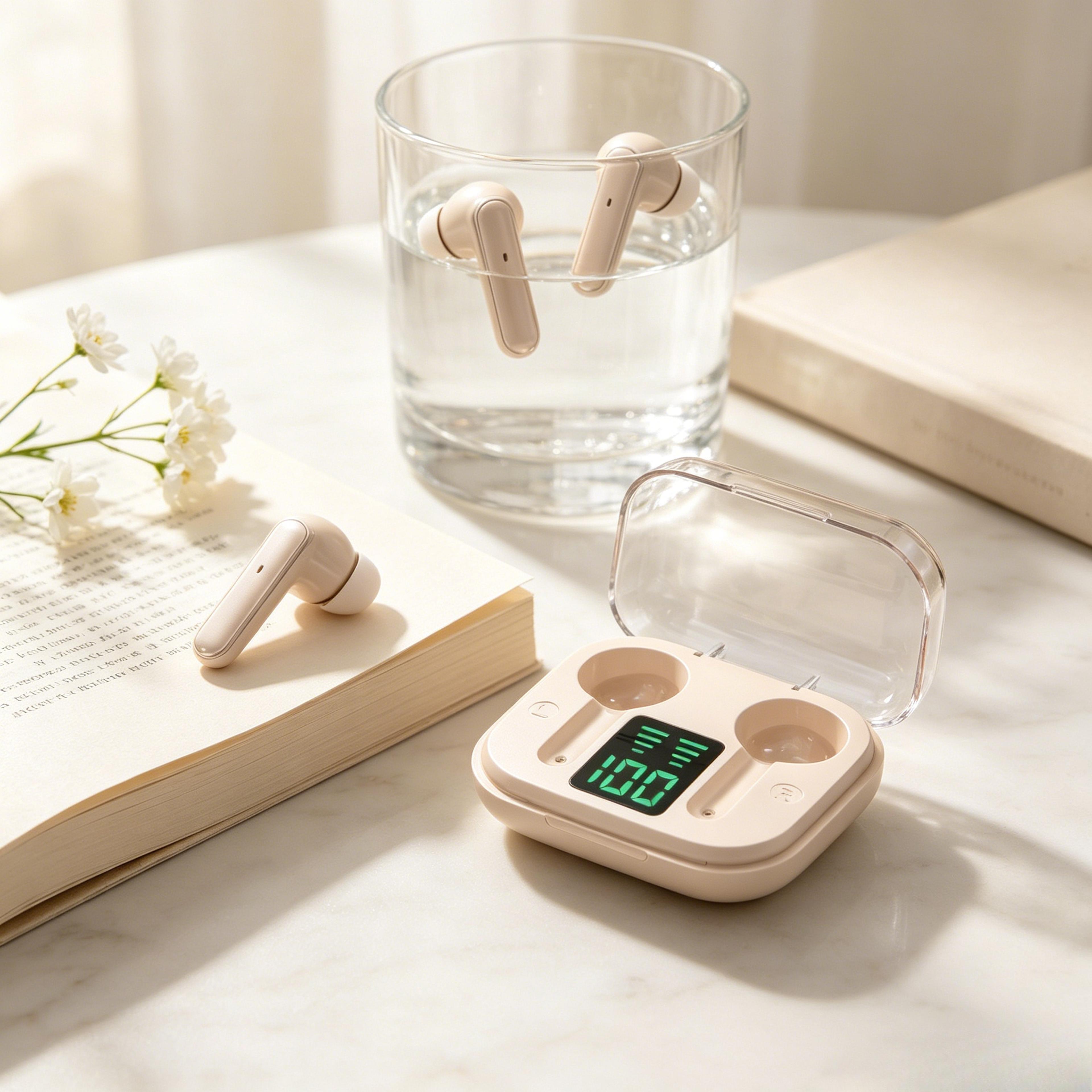 transparent bluetooth wireless earbuds with enc mic and led battery display