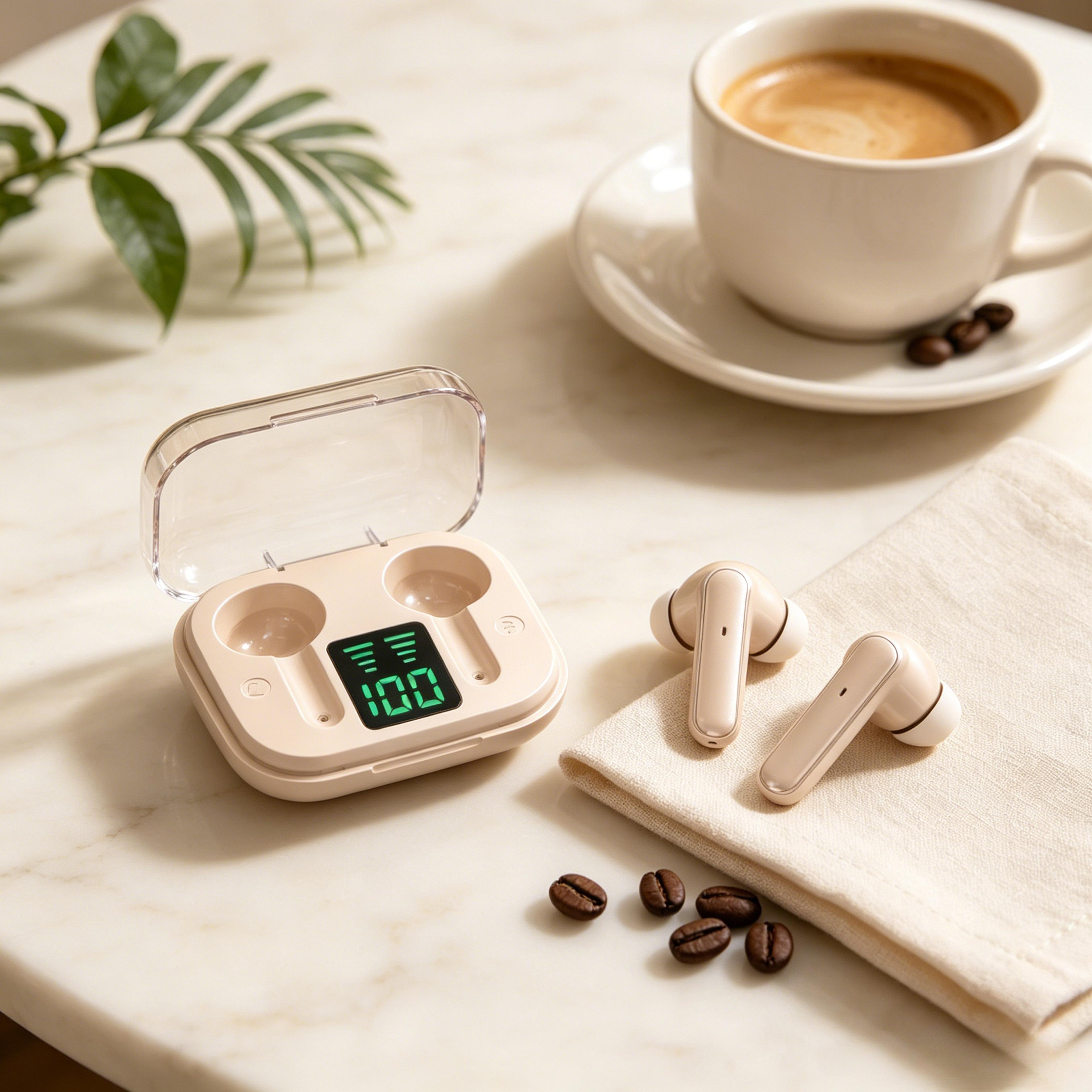 wireless earbuds with enc mic and led power display