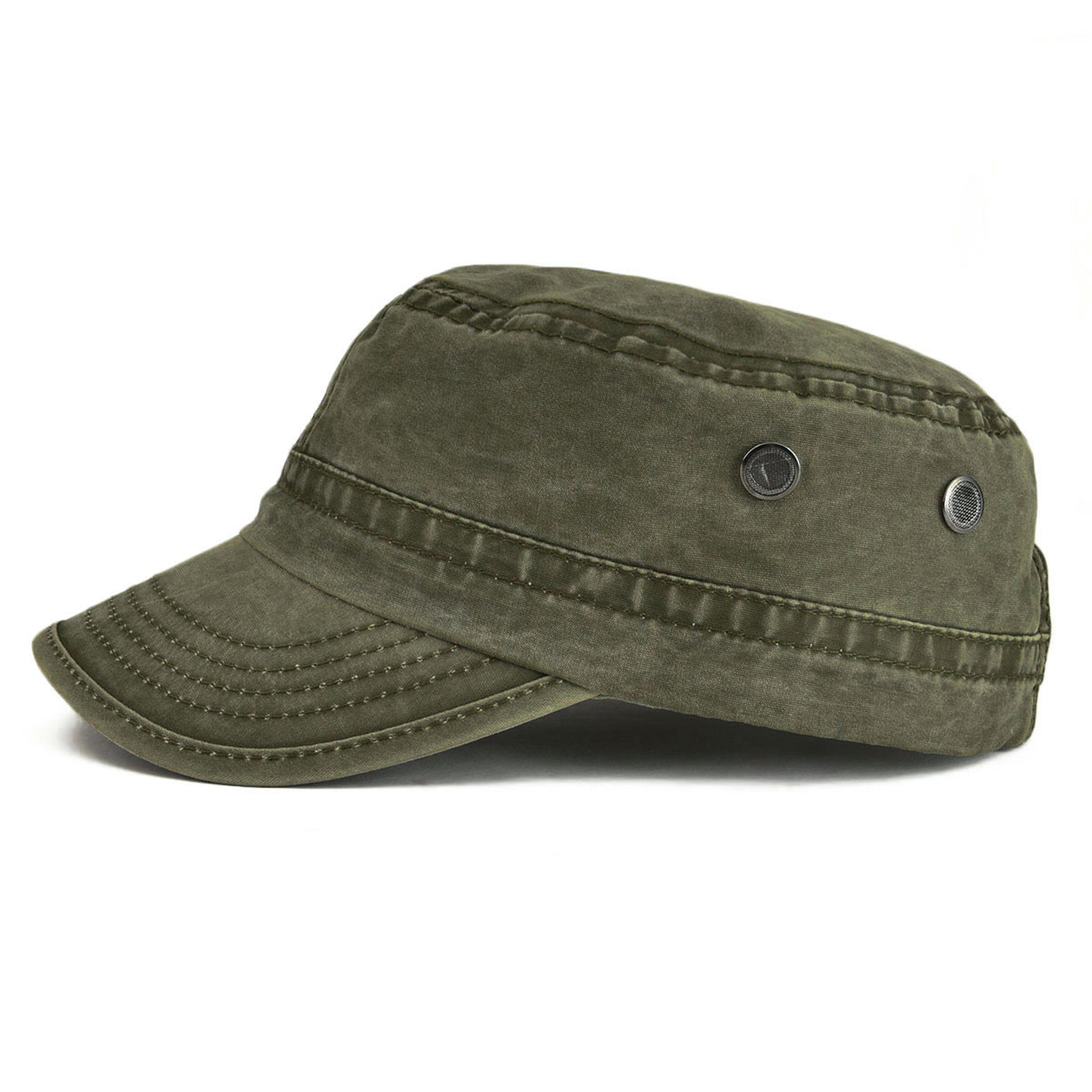 military cadet cap for men washed cotton adjustable army hat vintage flat top style
