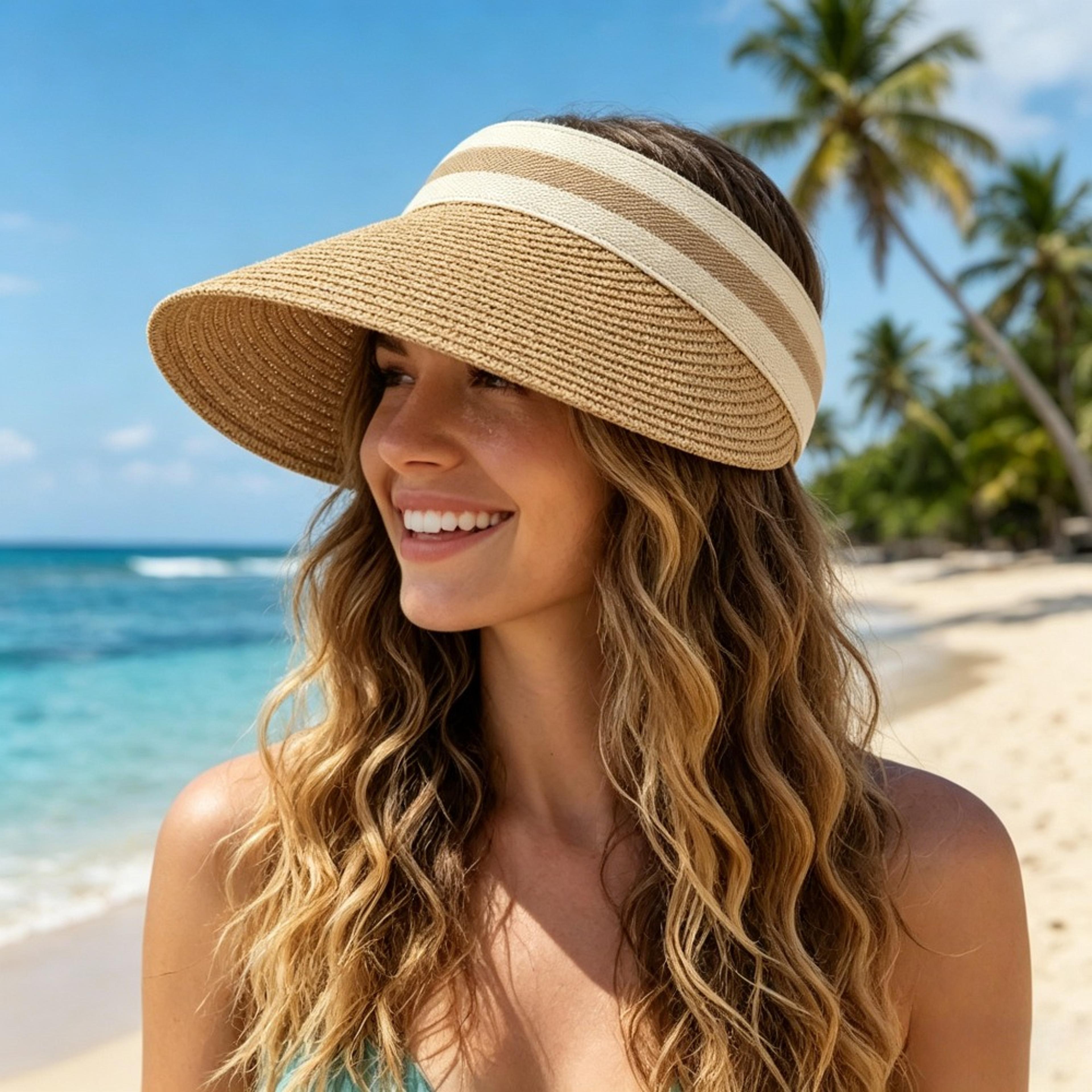 womens straw sun hat wide brim open top beach visor for summer vacation