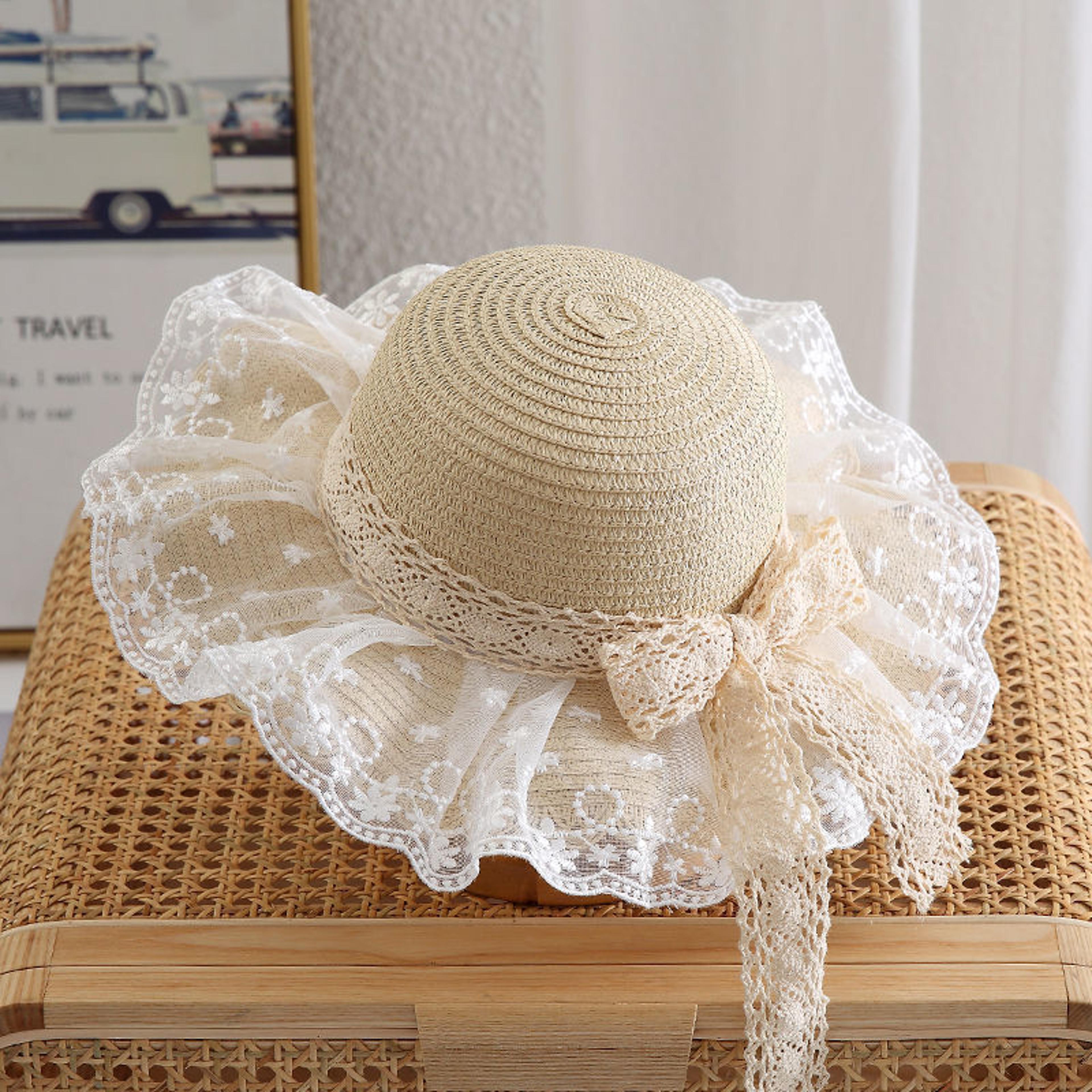 baby girl straw hat lace ruffle kids sun hat wide brim toddler beach cap