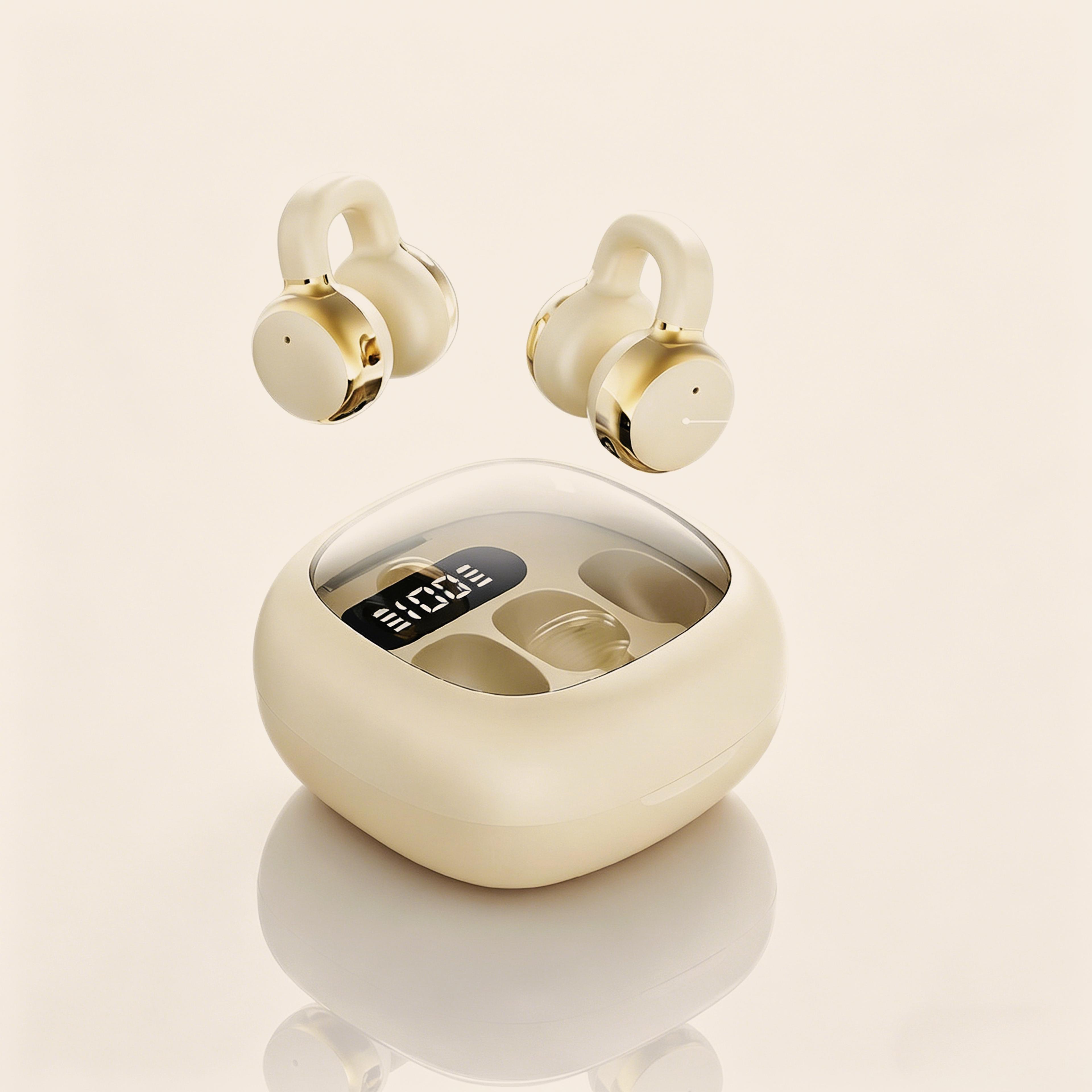 wireless ear clip earbuds with digital display and surround sound bluetooth earbuds