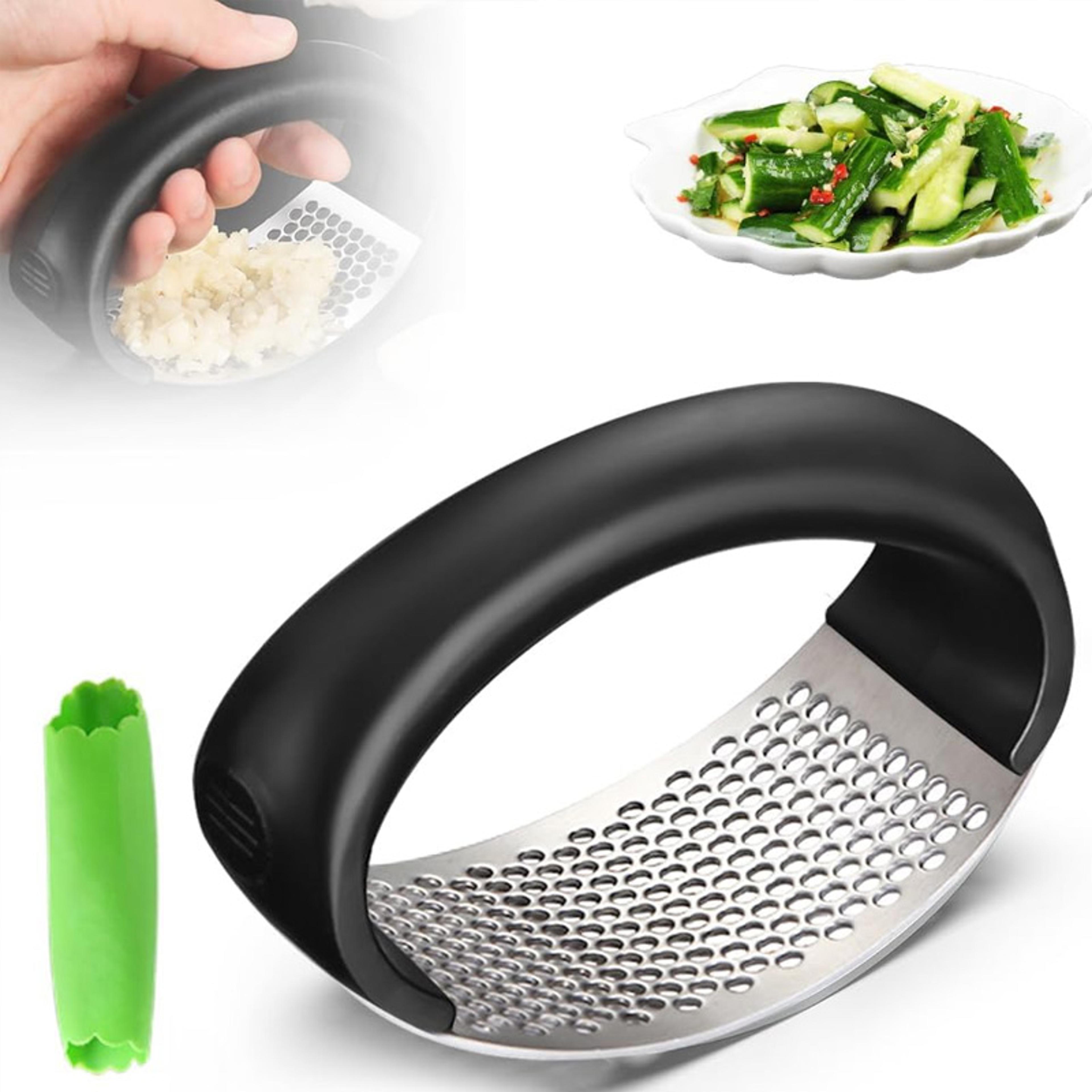 heavy duty stainless steel garlic press mincer with soft handle for easy garlic crushing