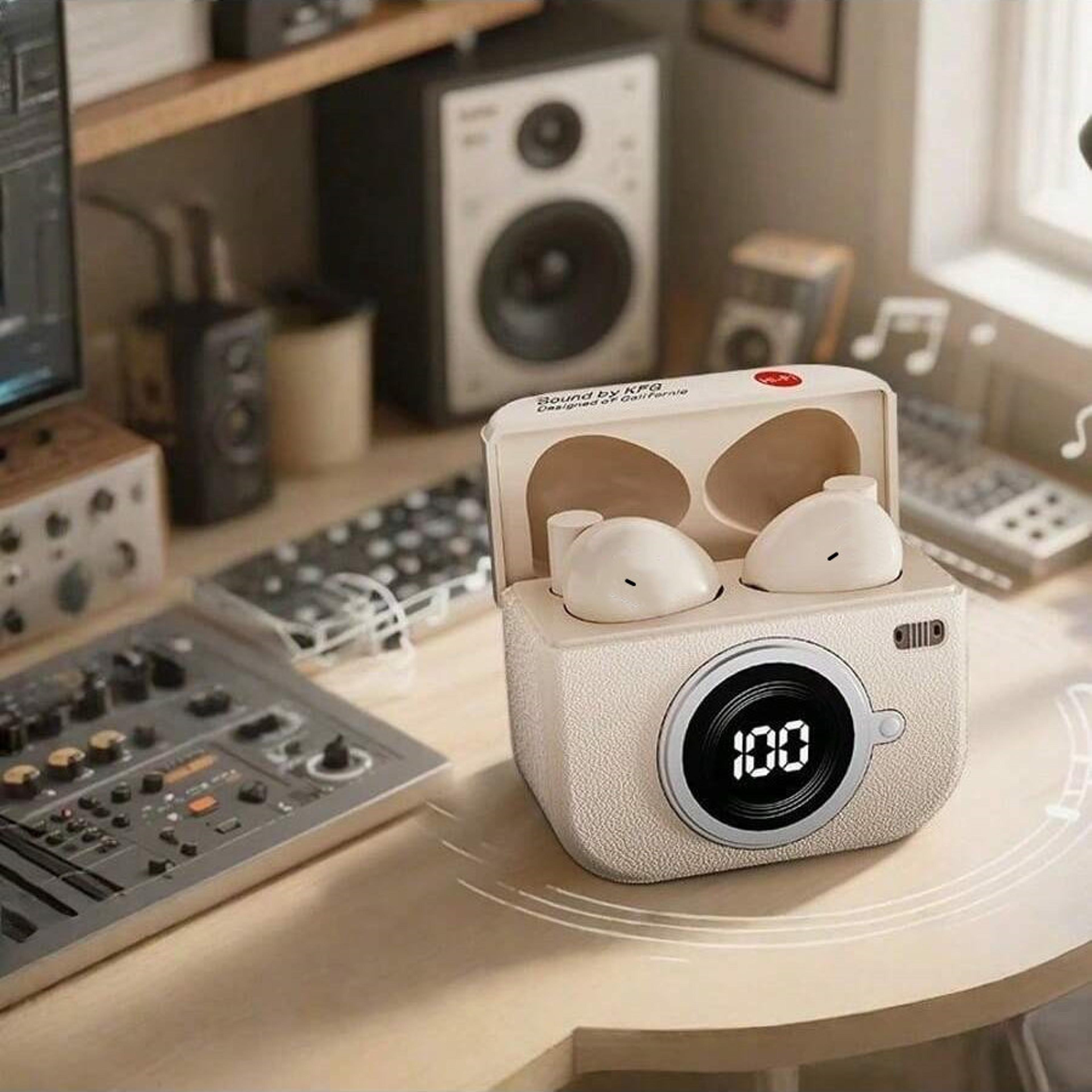 retro camera wireless bluetooth earphones with led touch screen noise cancelling stereo sound