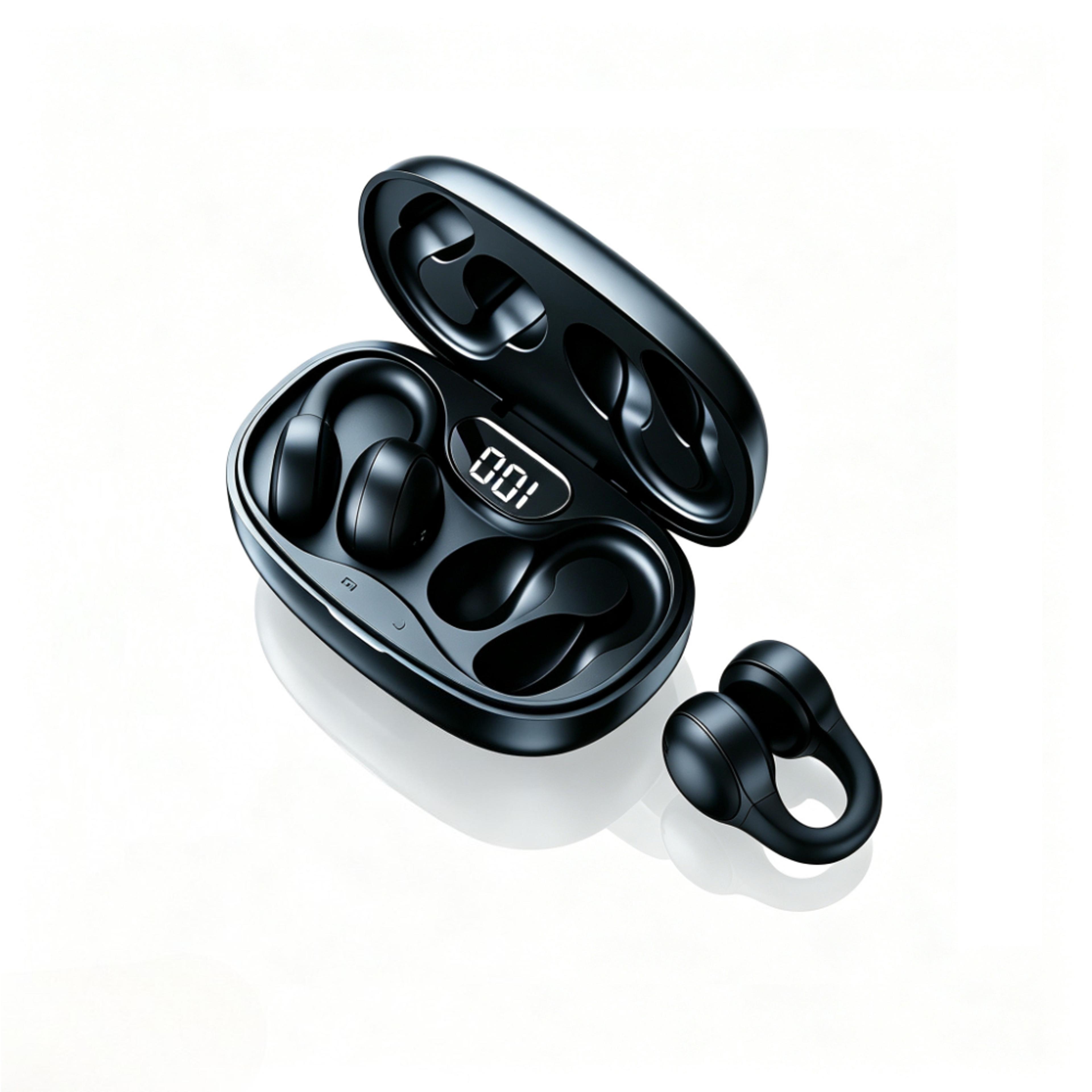 wireless ear clip bone conduction earbuds with low latency audio and digital display