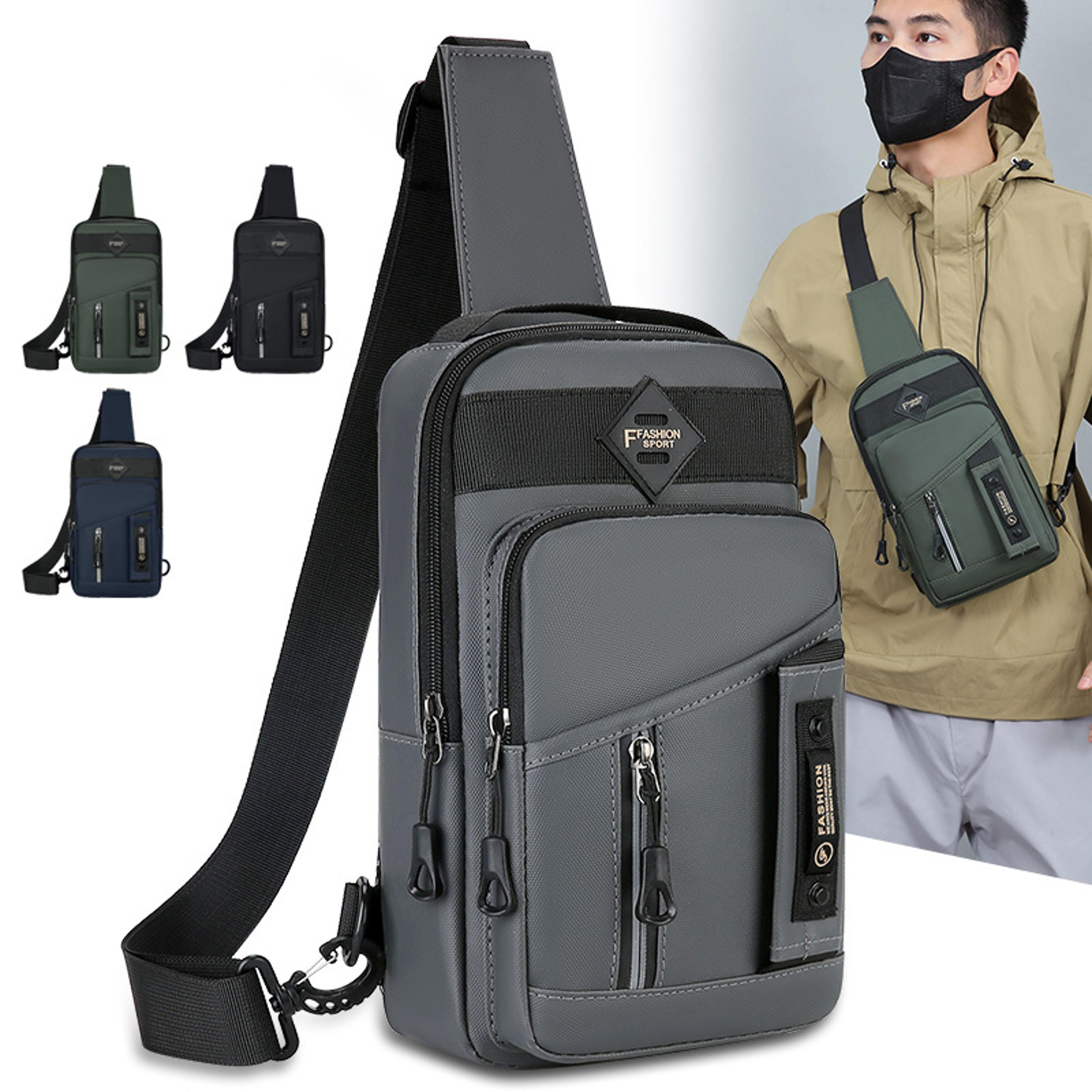 mens multi compartment crossbody sling bag for running hiking and travel