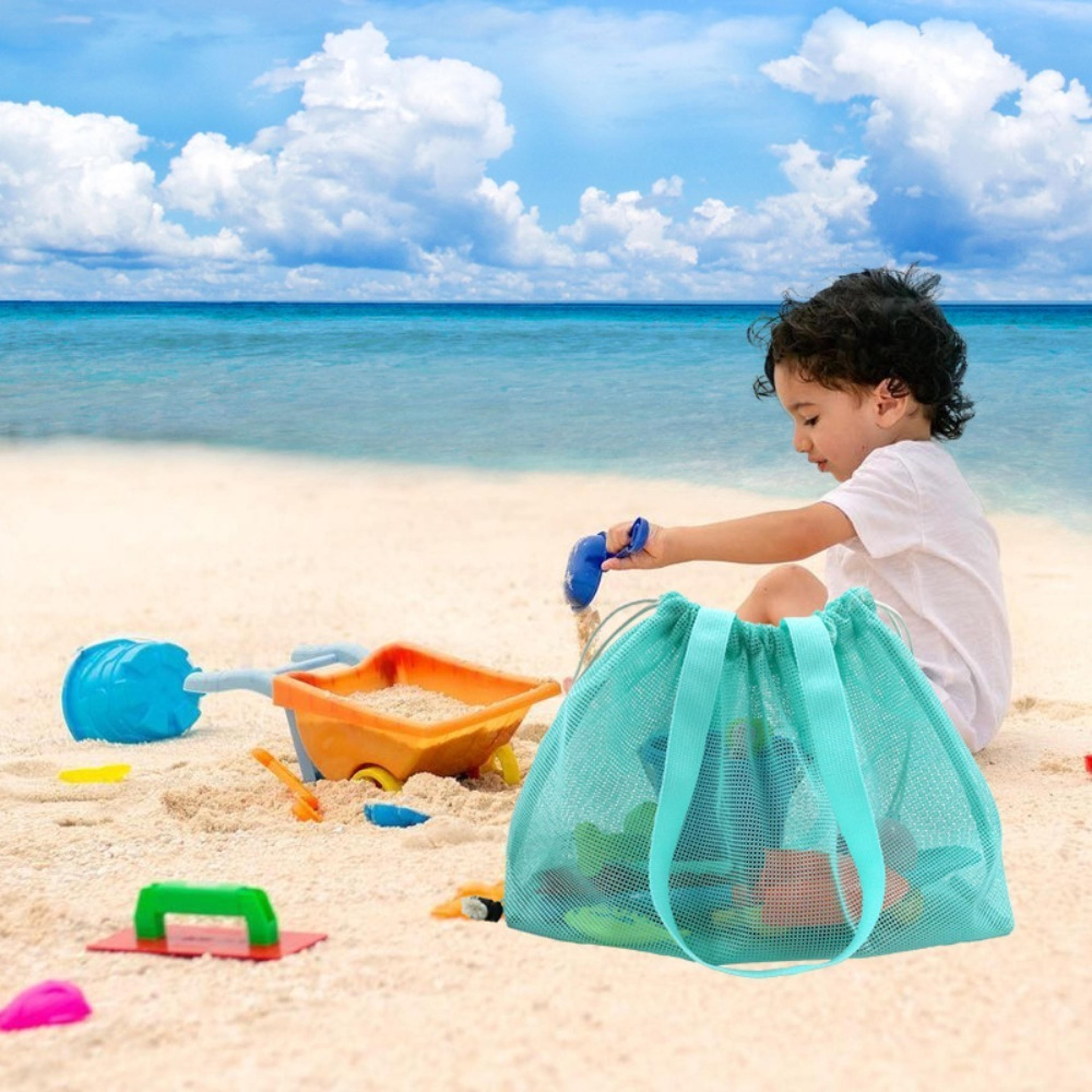 large capacity mesh beach bag and beach toy storage bag with drawstring closure