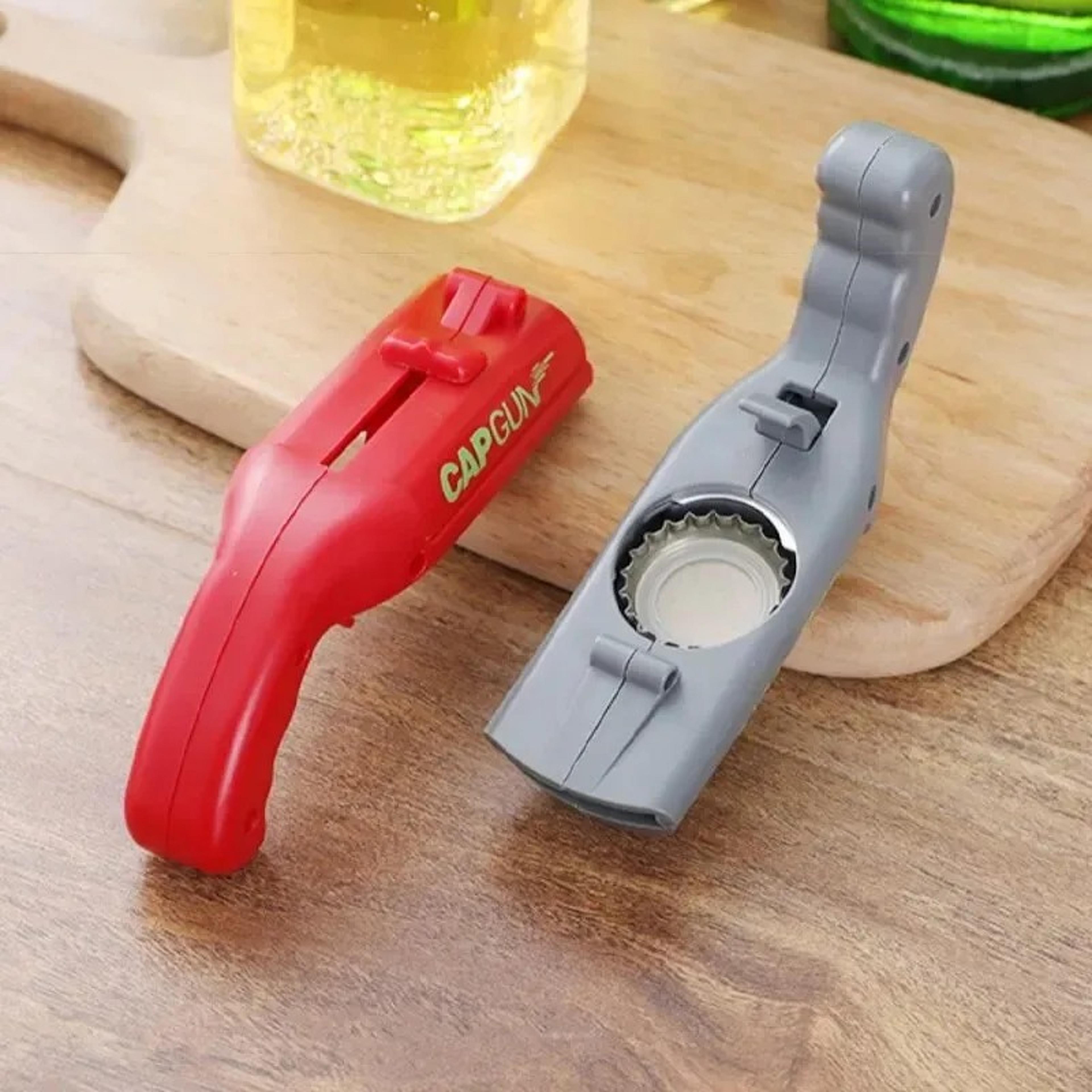 quickshot cap gun bottle opener and bottle cap launcher