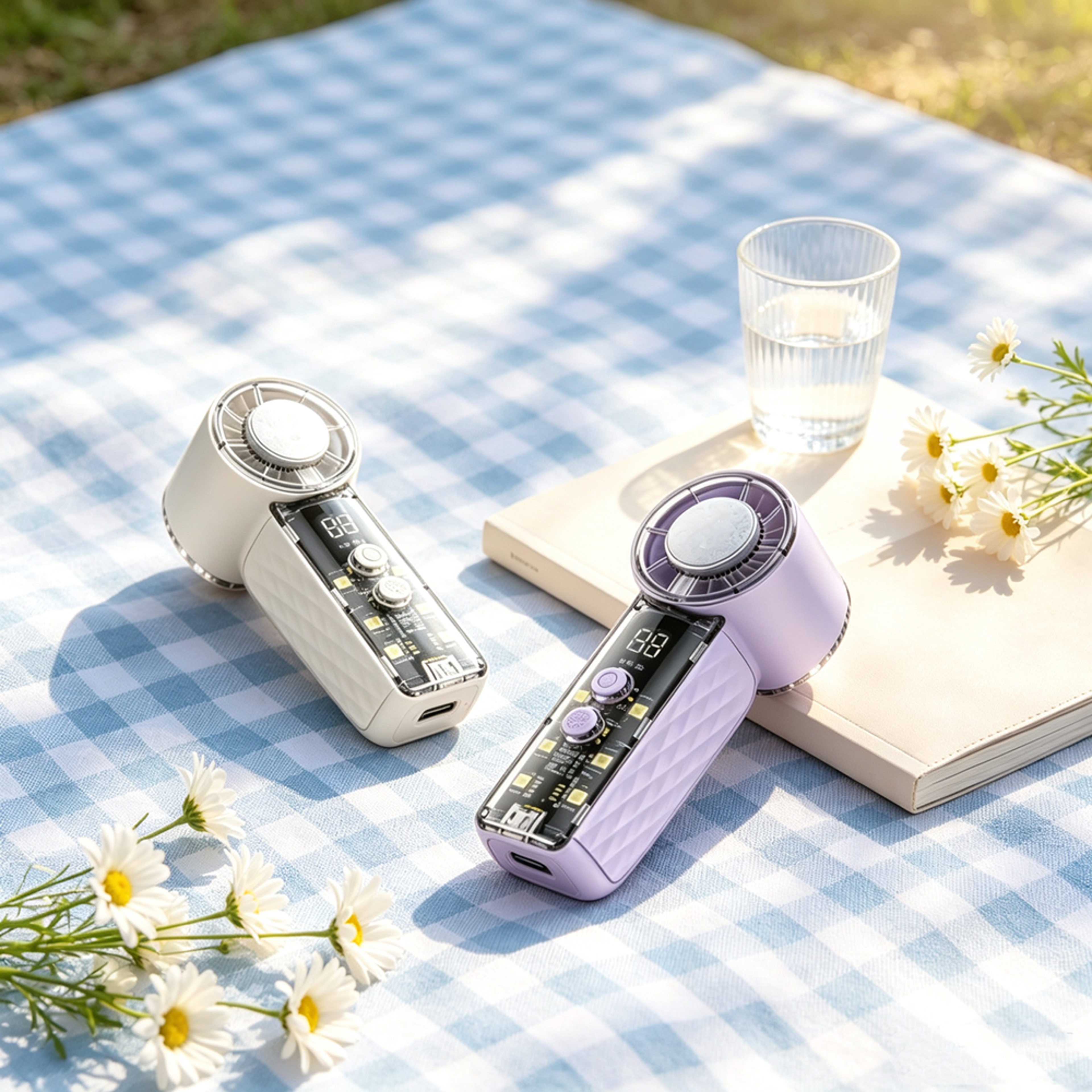 breezeglow mini handheld fan with led display and usb rechargeable cooling