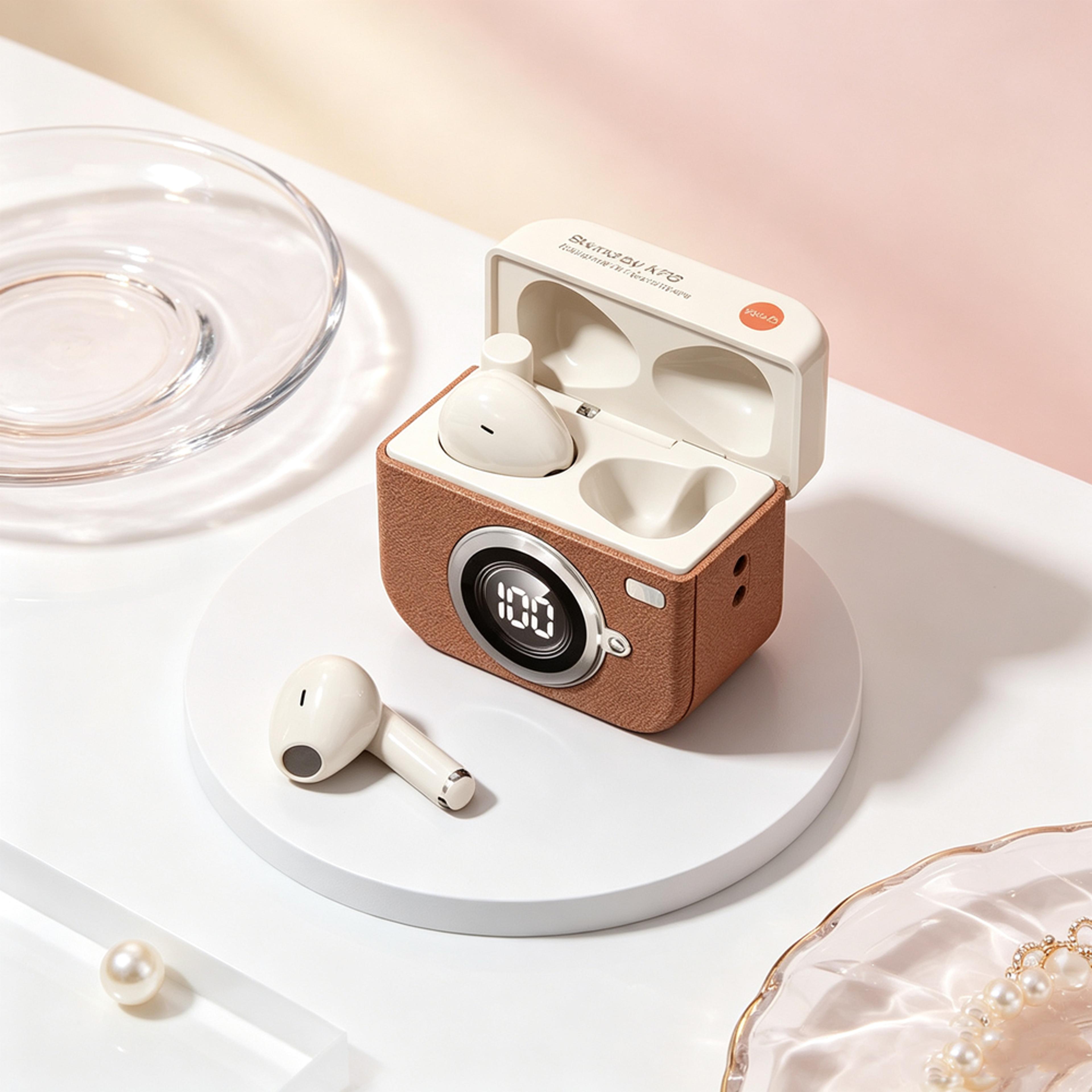 retro camera wireless earbuds with hifi stereo and hd calling