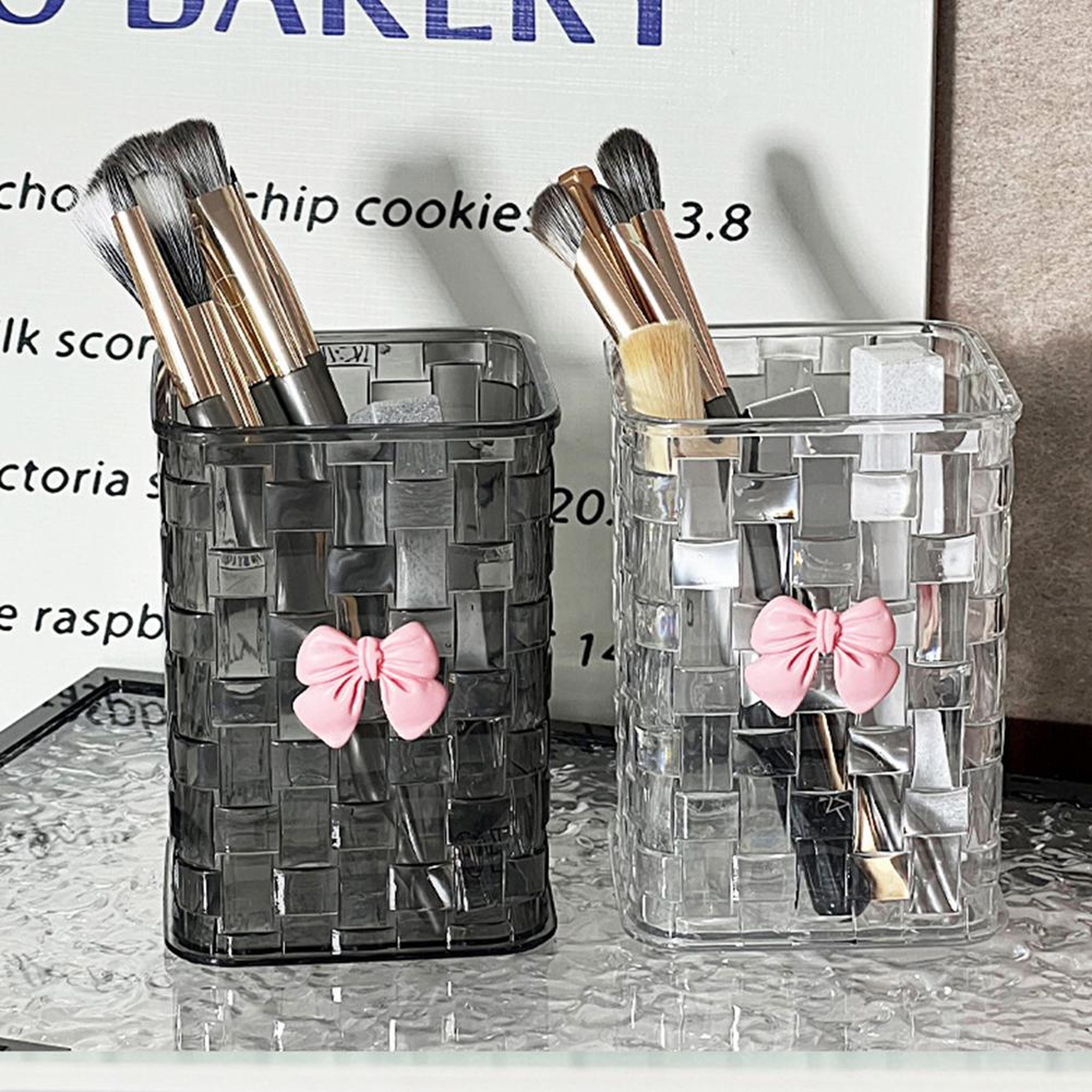 clear makeup brush organizer with bow textured vanity storage holder