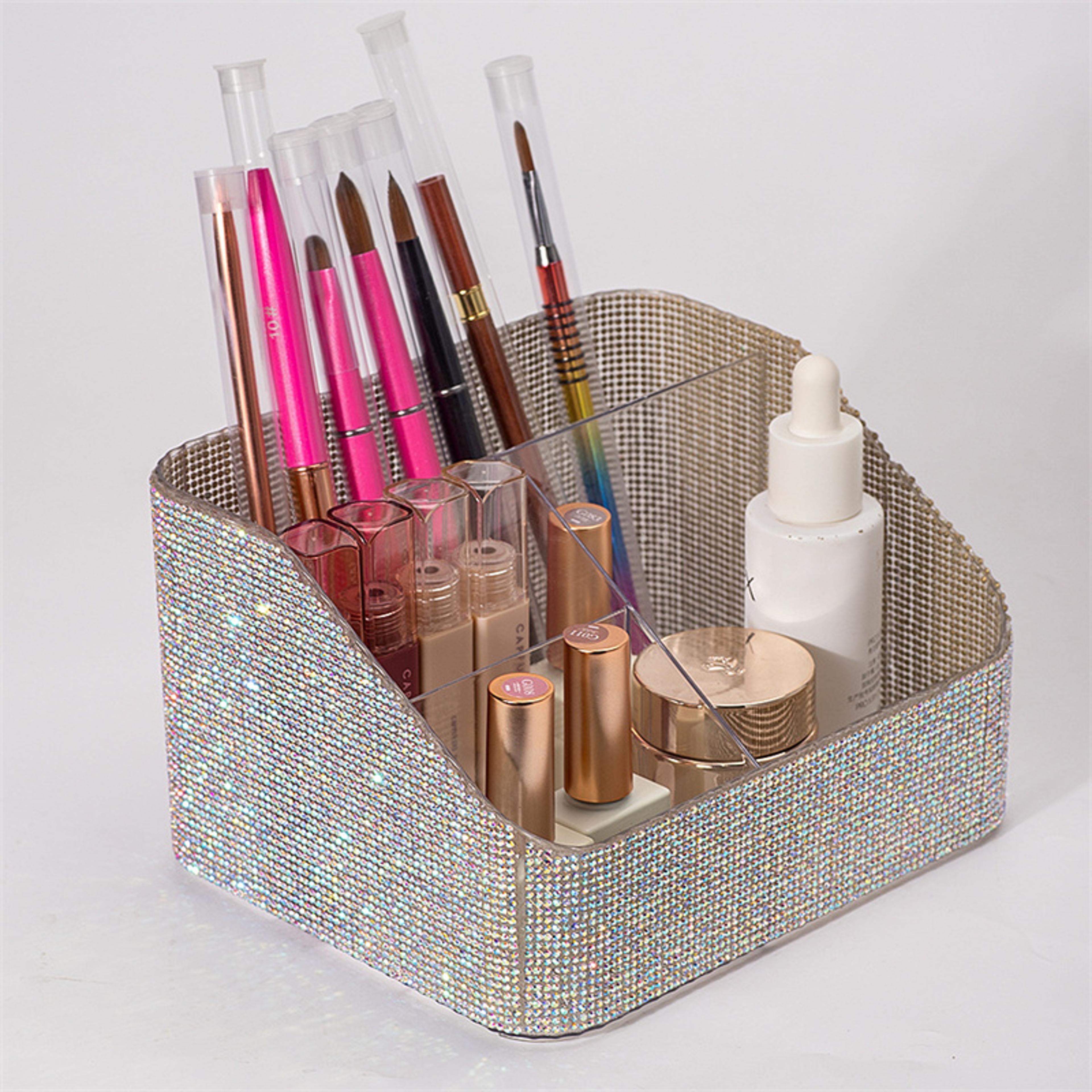 rhinestone acrylic makeup organizer with brush and lipstick storage