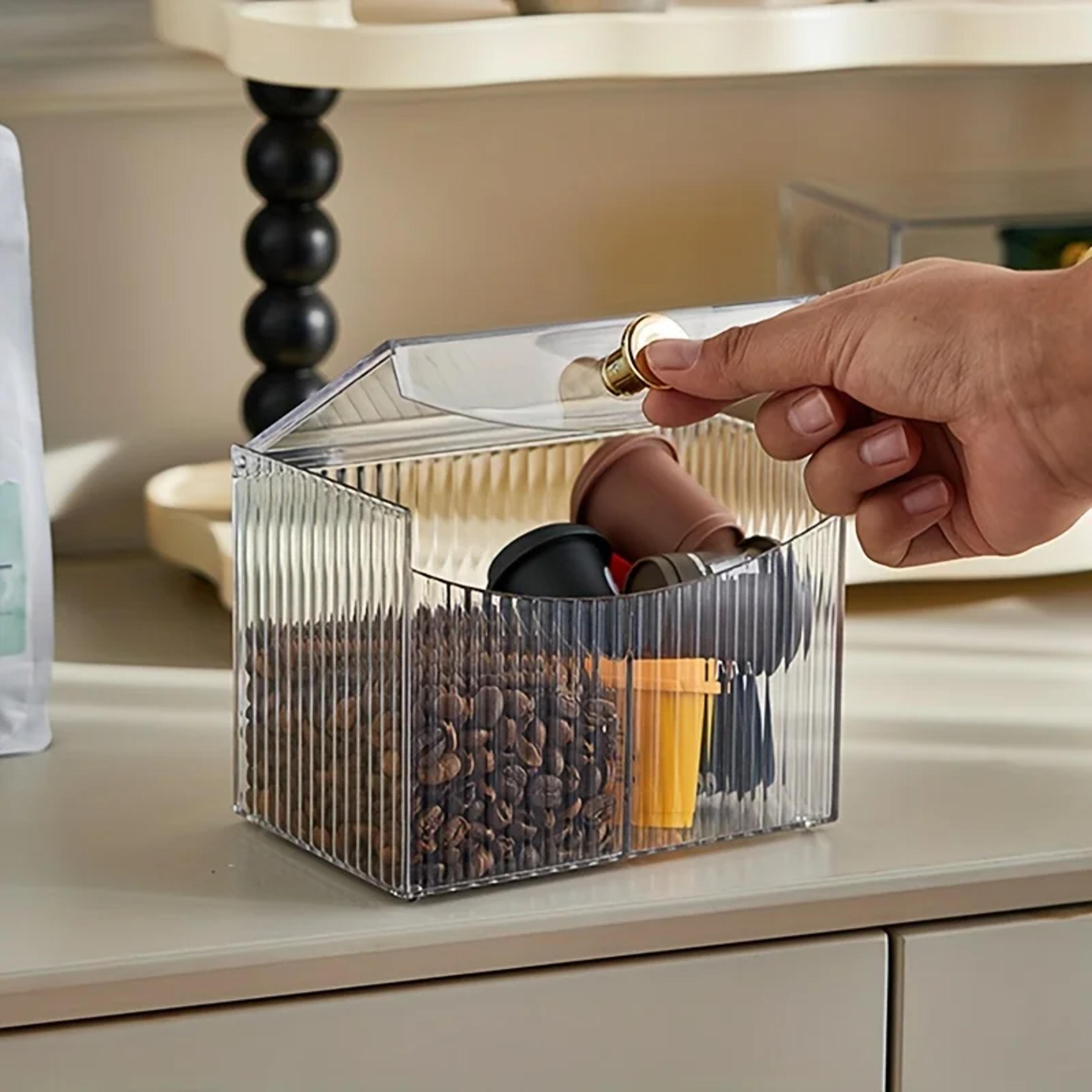 dust proof makeup organizer with clear flip lid and divided cosmetic storage compartments