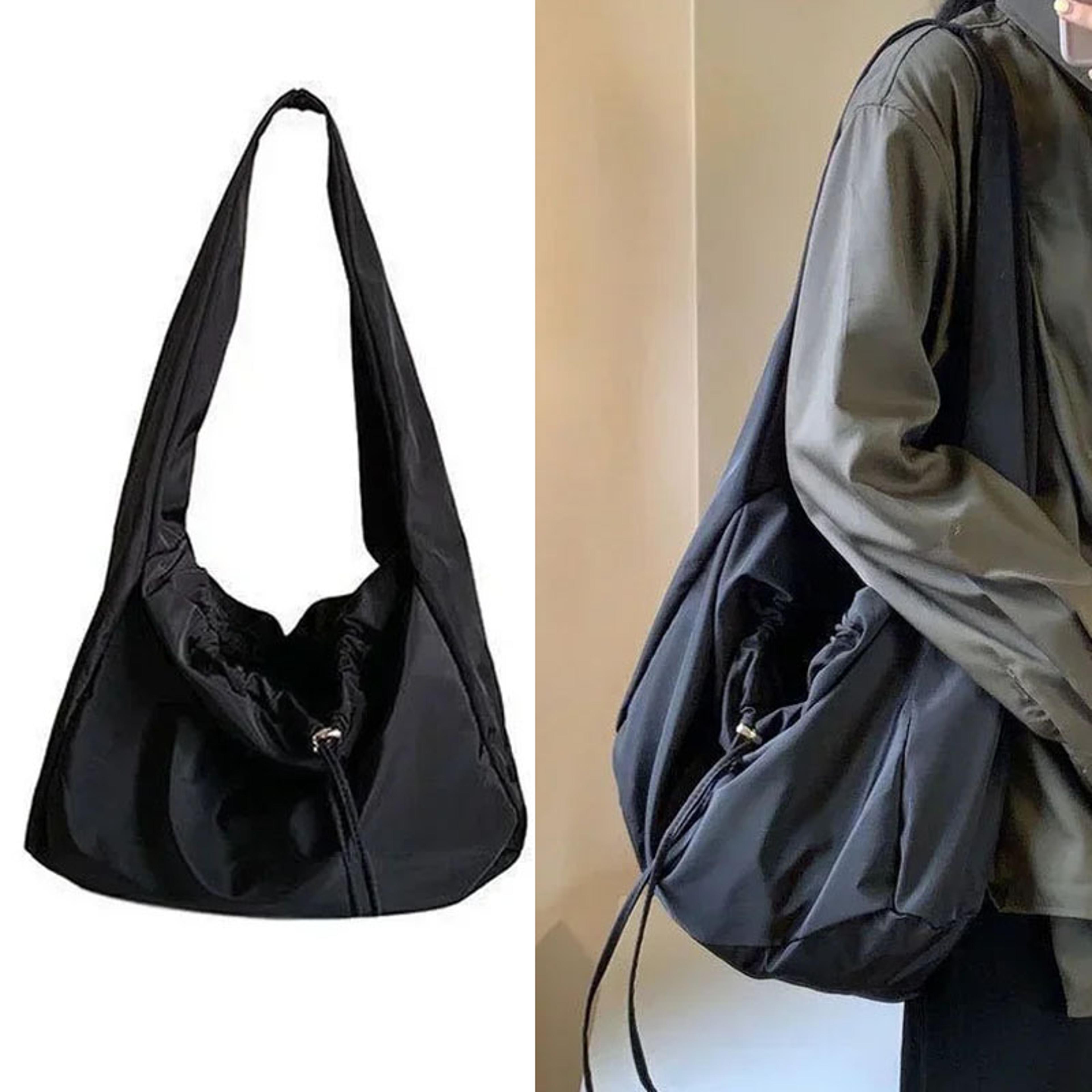 womens nylon bucket shoulder bag with zipper lightweight black tote