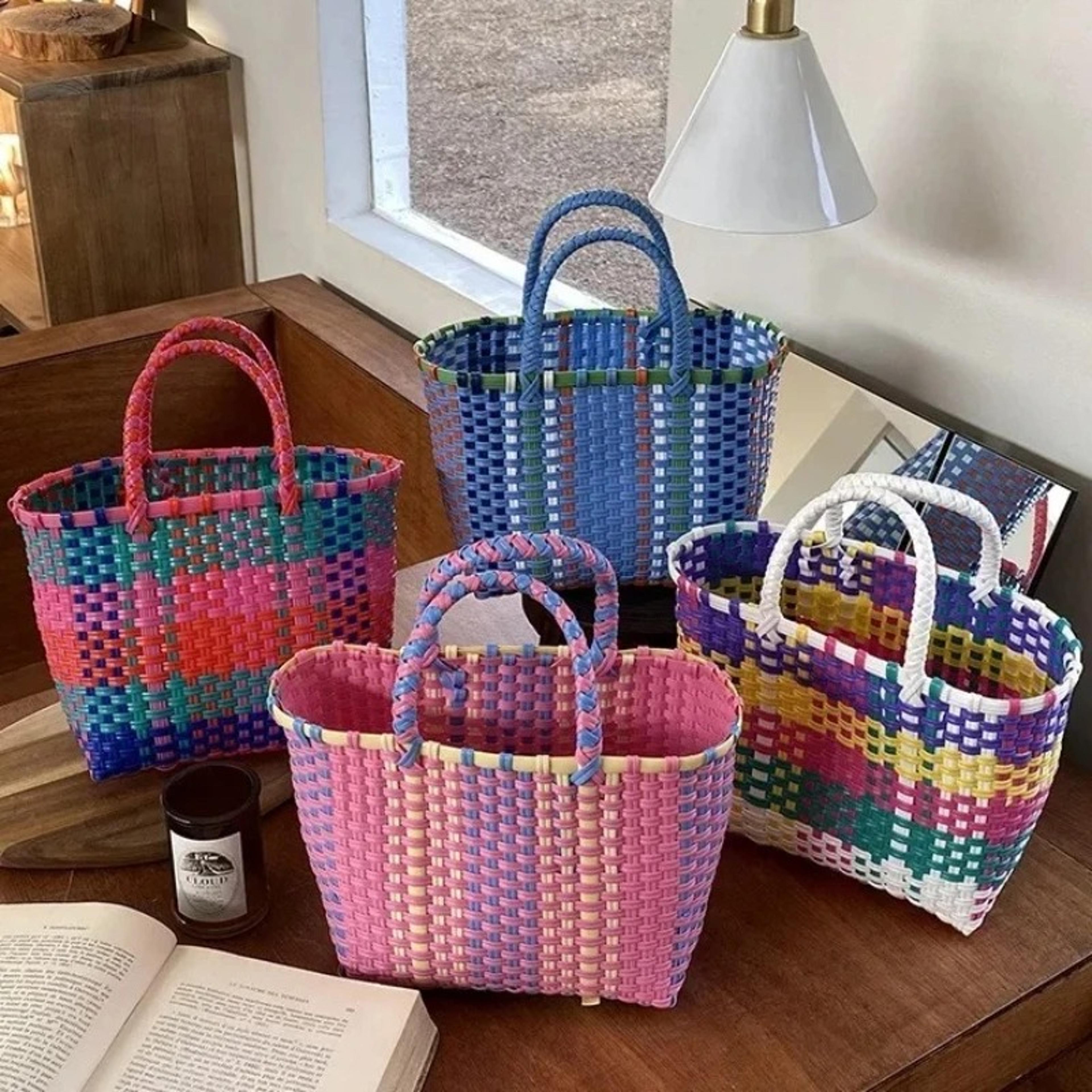 striped pvc beach tote woven summer handbag for women