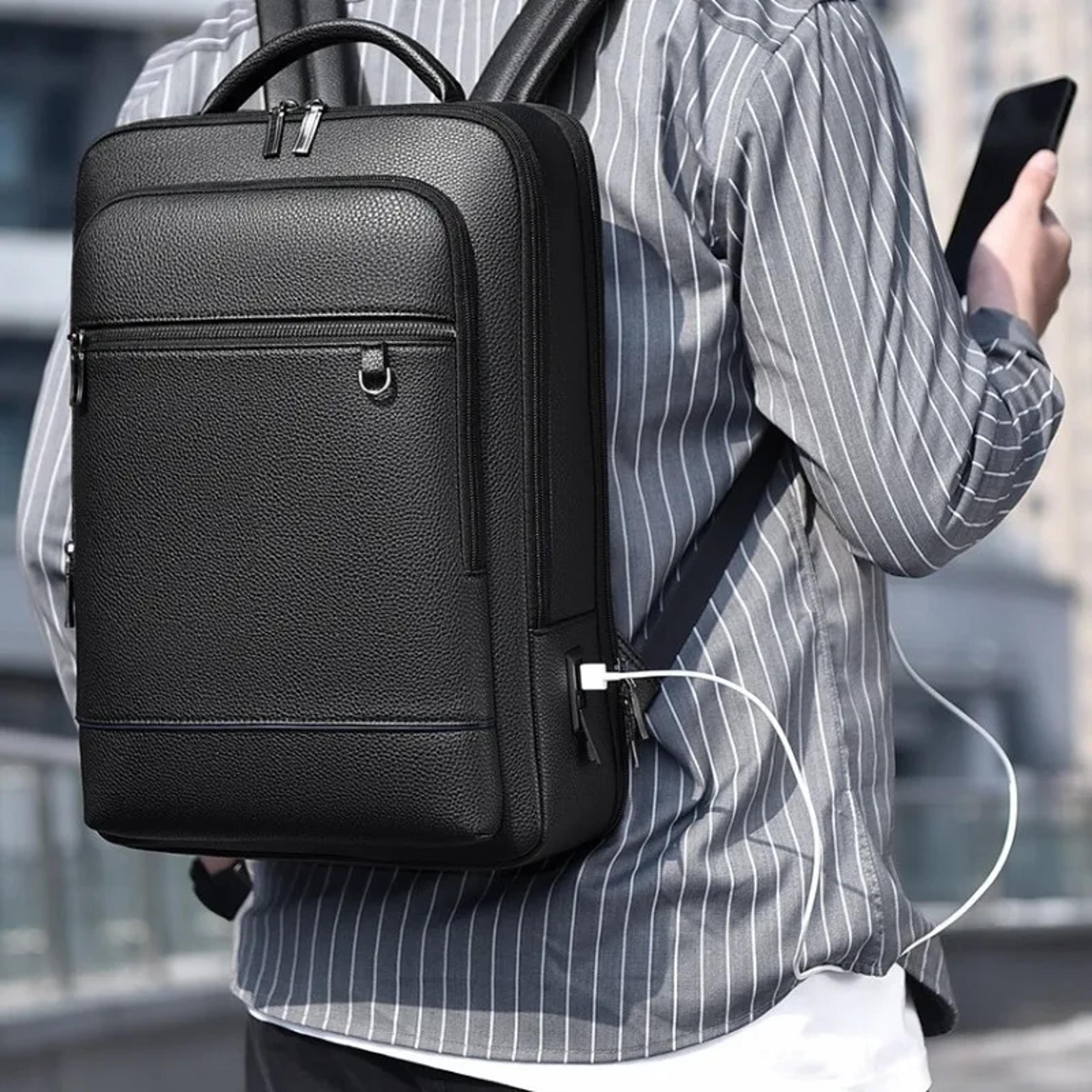 executive men's leather laptop backpack with usb charging for business travel