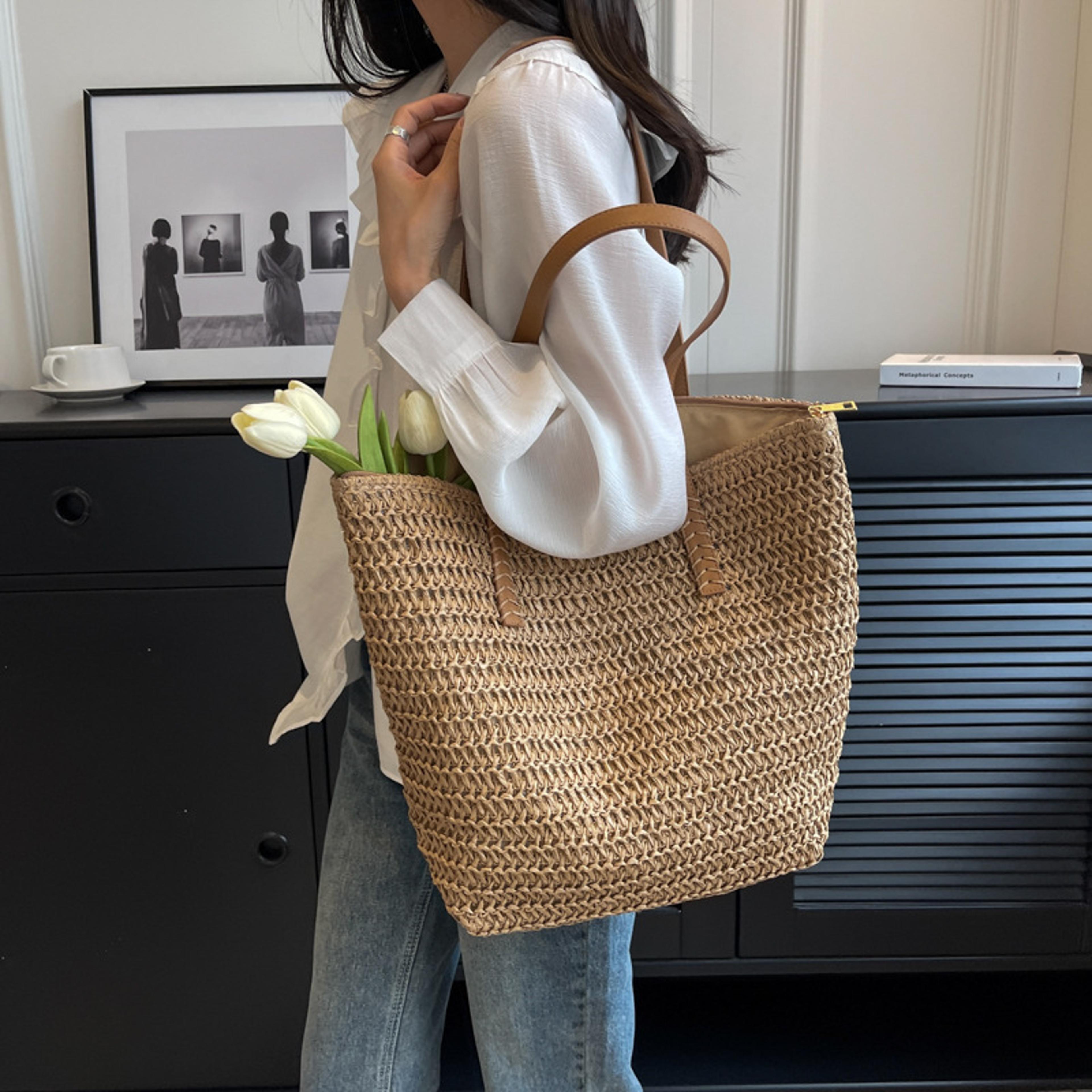 boho straw beach tote handwoven summer shoulder bag