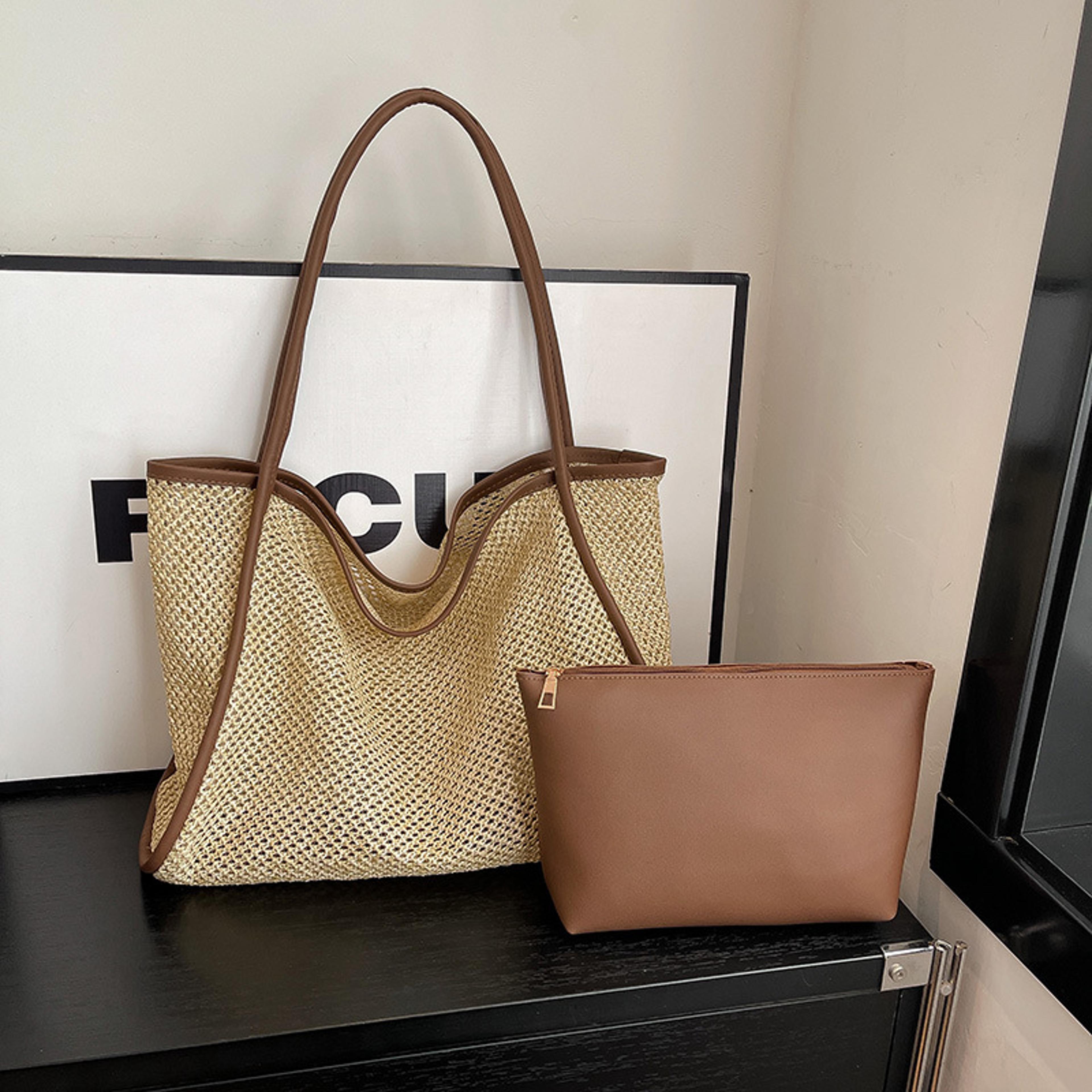 summer straw woven tote bag with pouch large capacity beach shoulder handbag