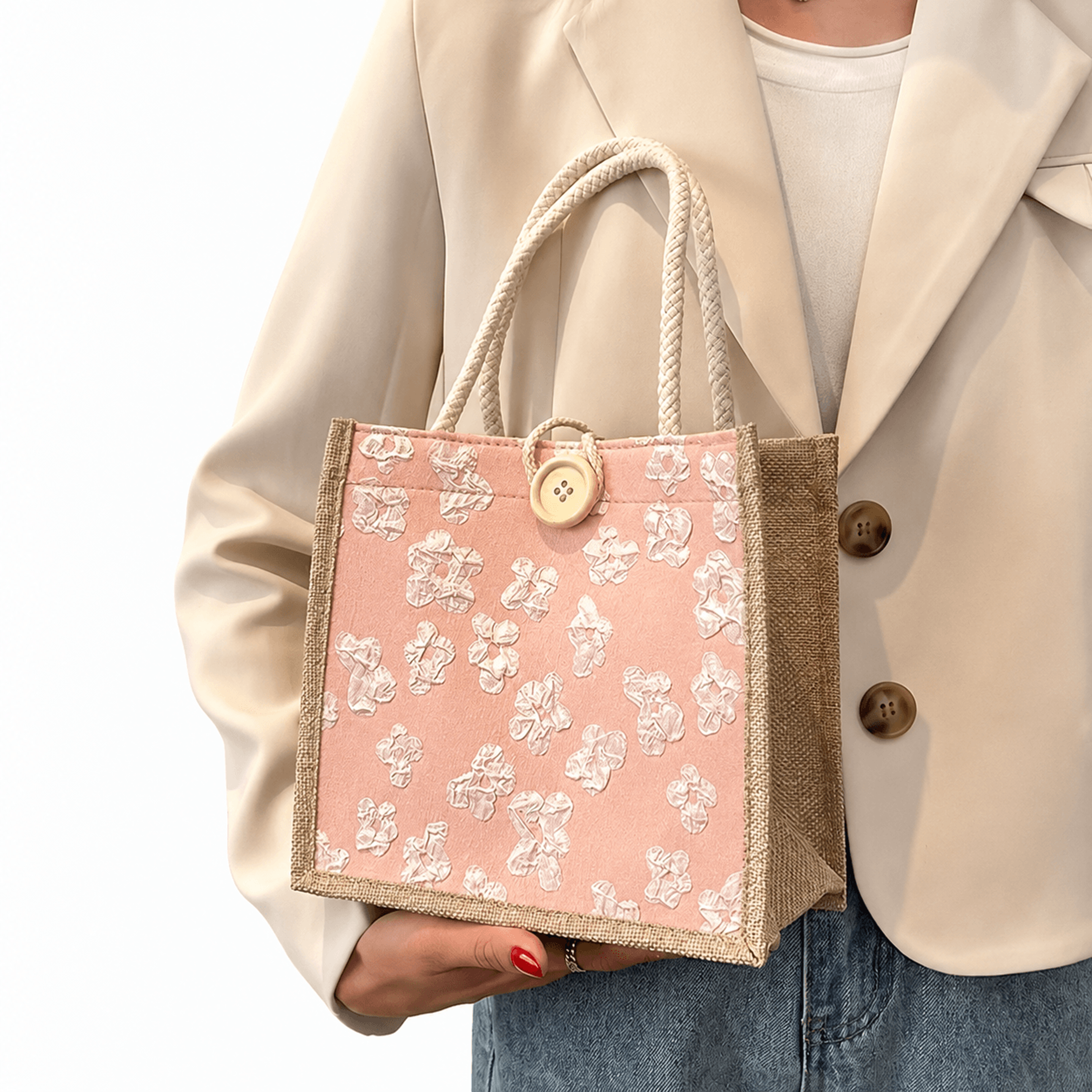 japanese style linen tote bag for women with buckle closure