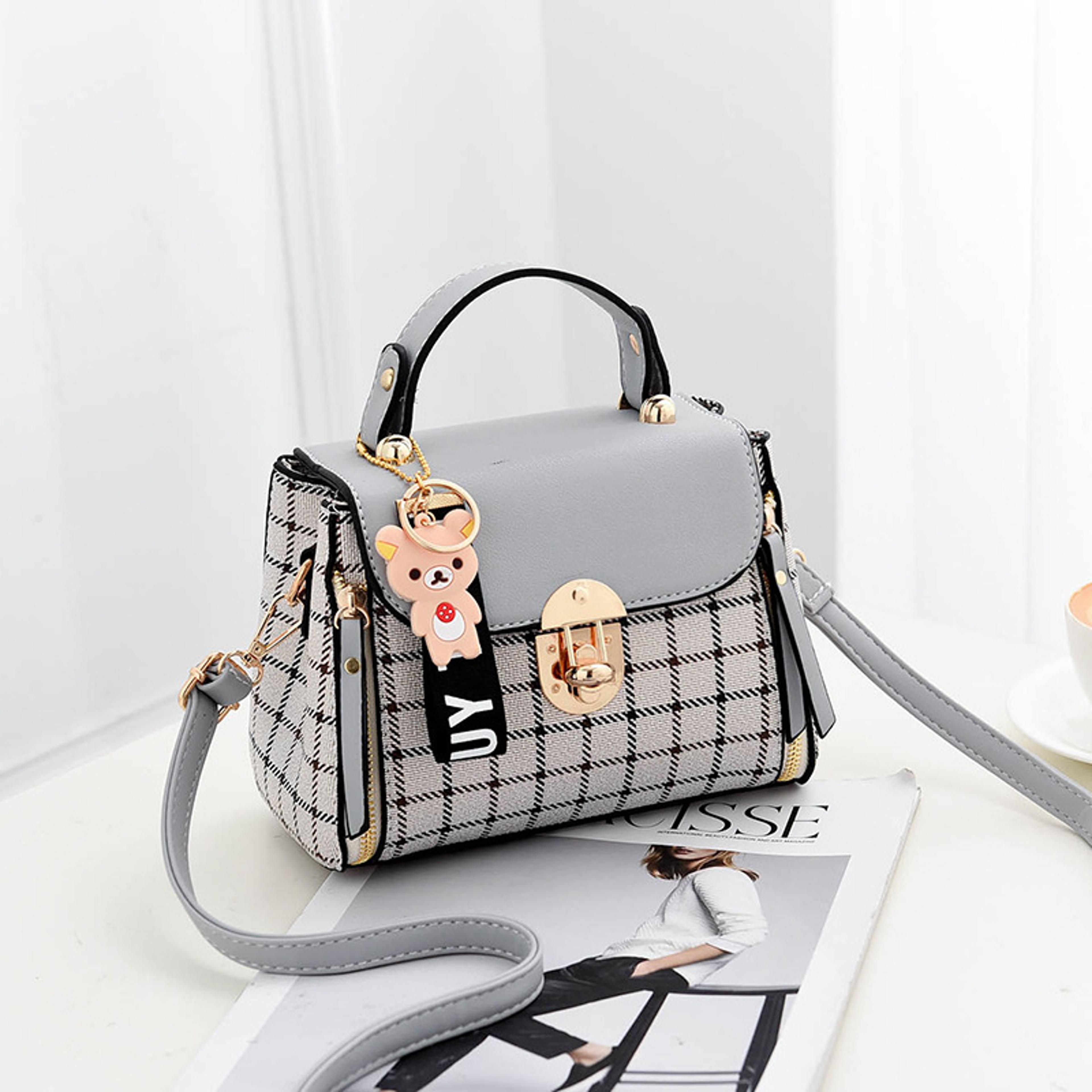 plaid crossbody bag for women with bear charm and adjustable strap