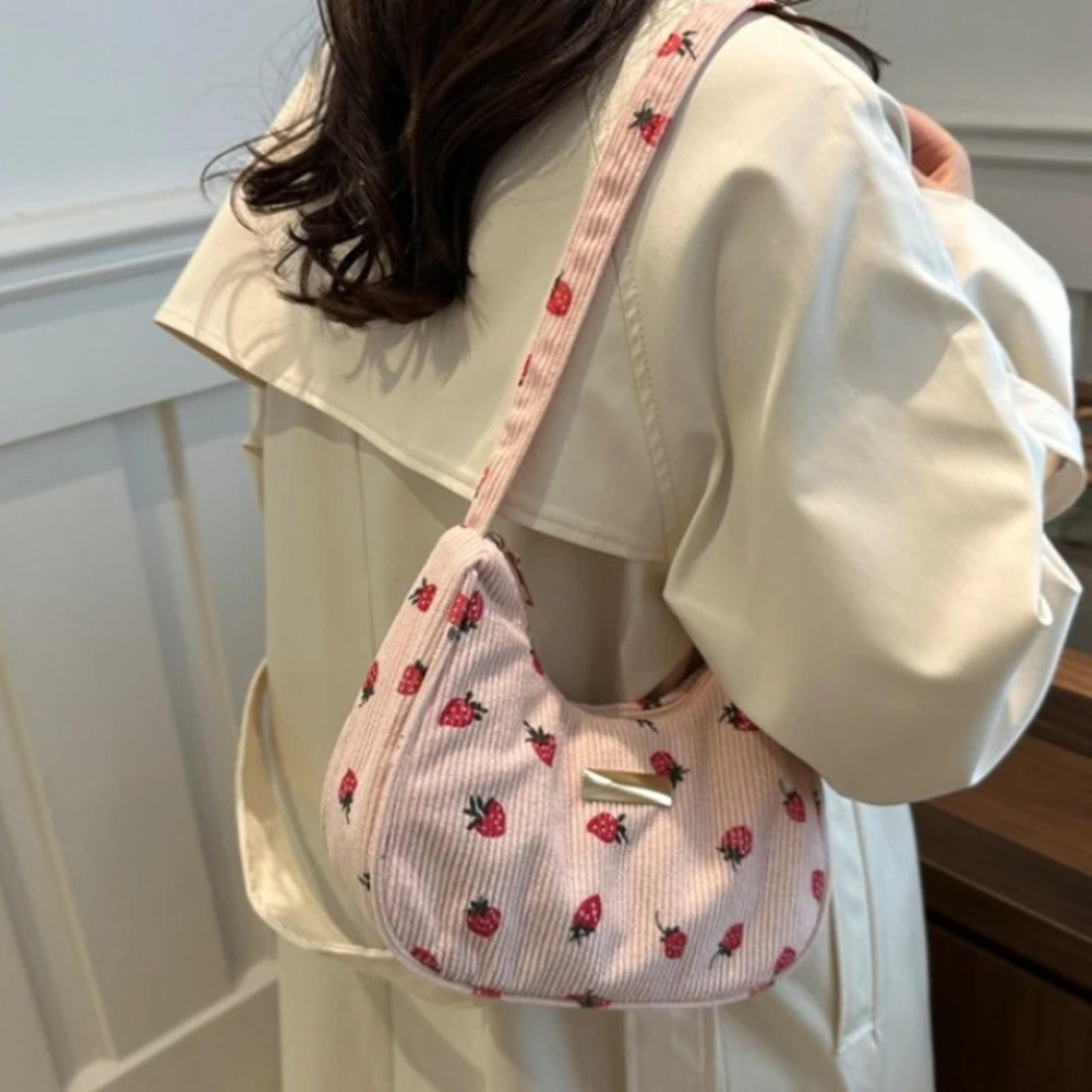 strawberry floral corduroy mini shoulder bag for women