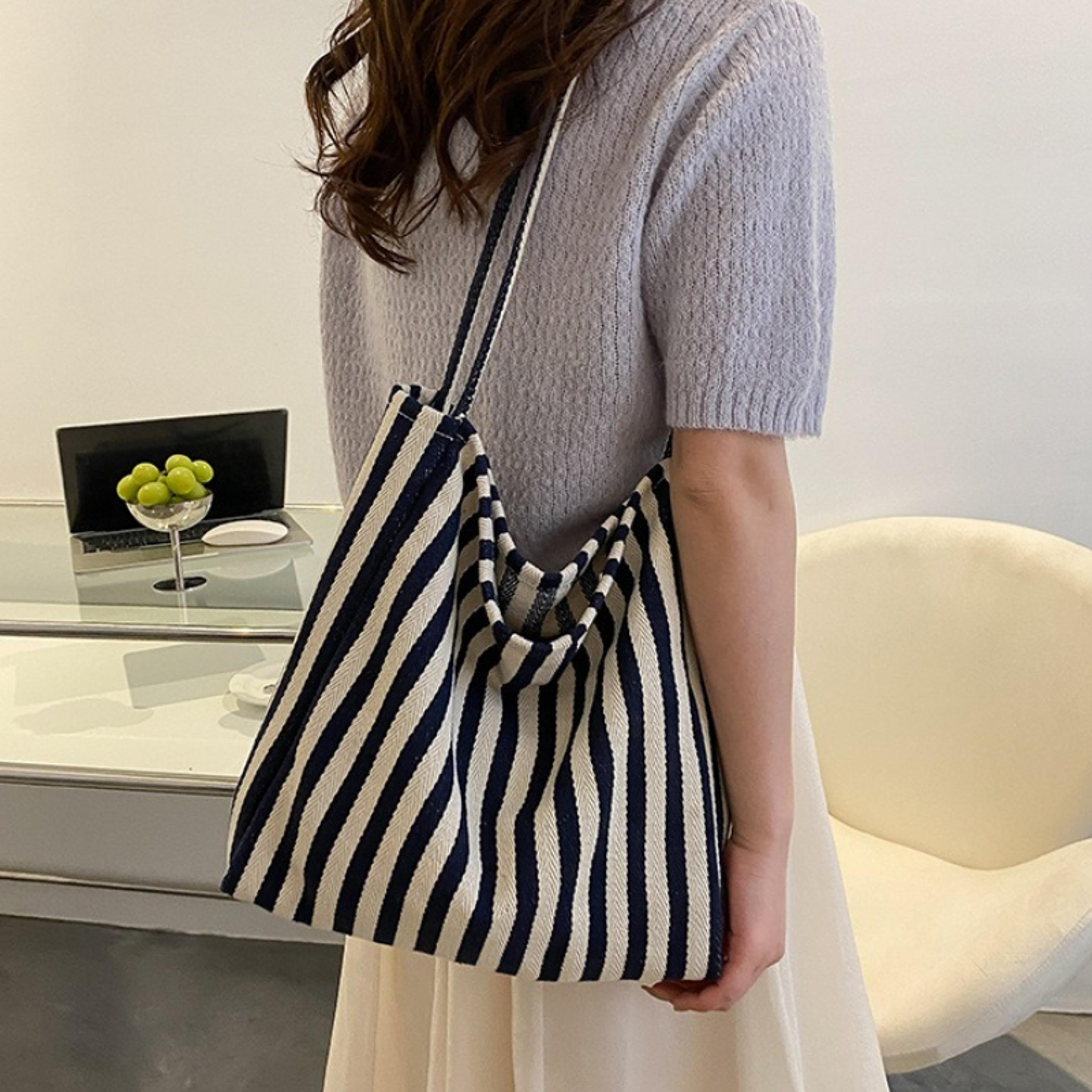 chic striped woven tote bag large capacity shoulder bag for women
