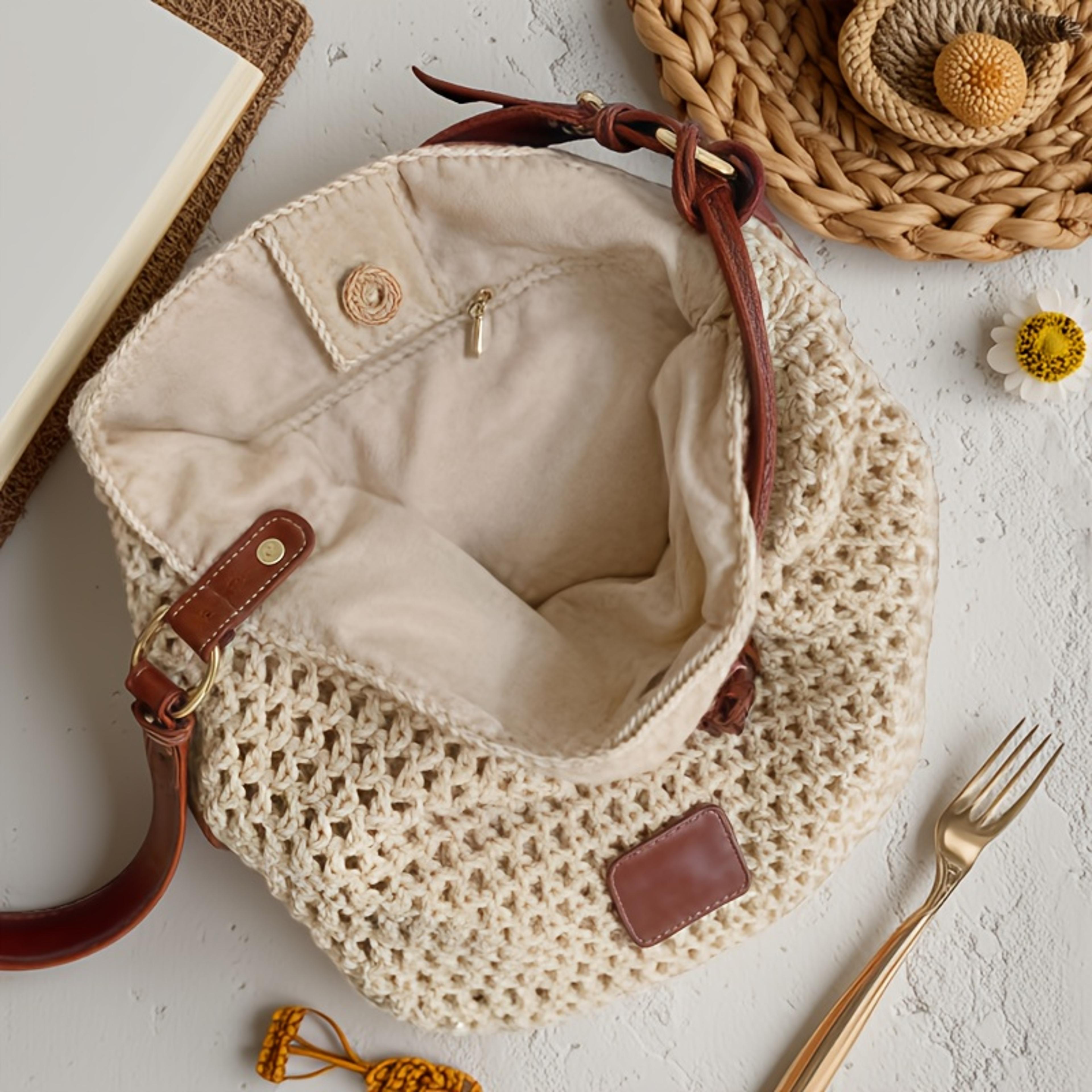 minimalist beige woven tote bag adjustable summer beach travel bag