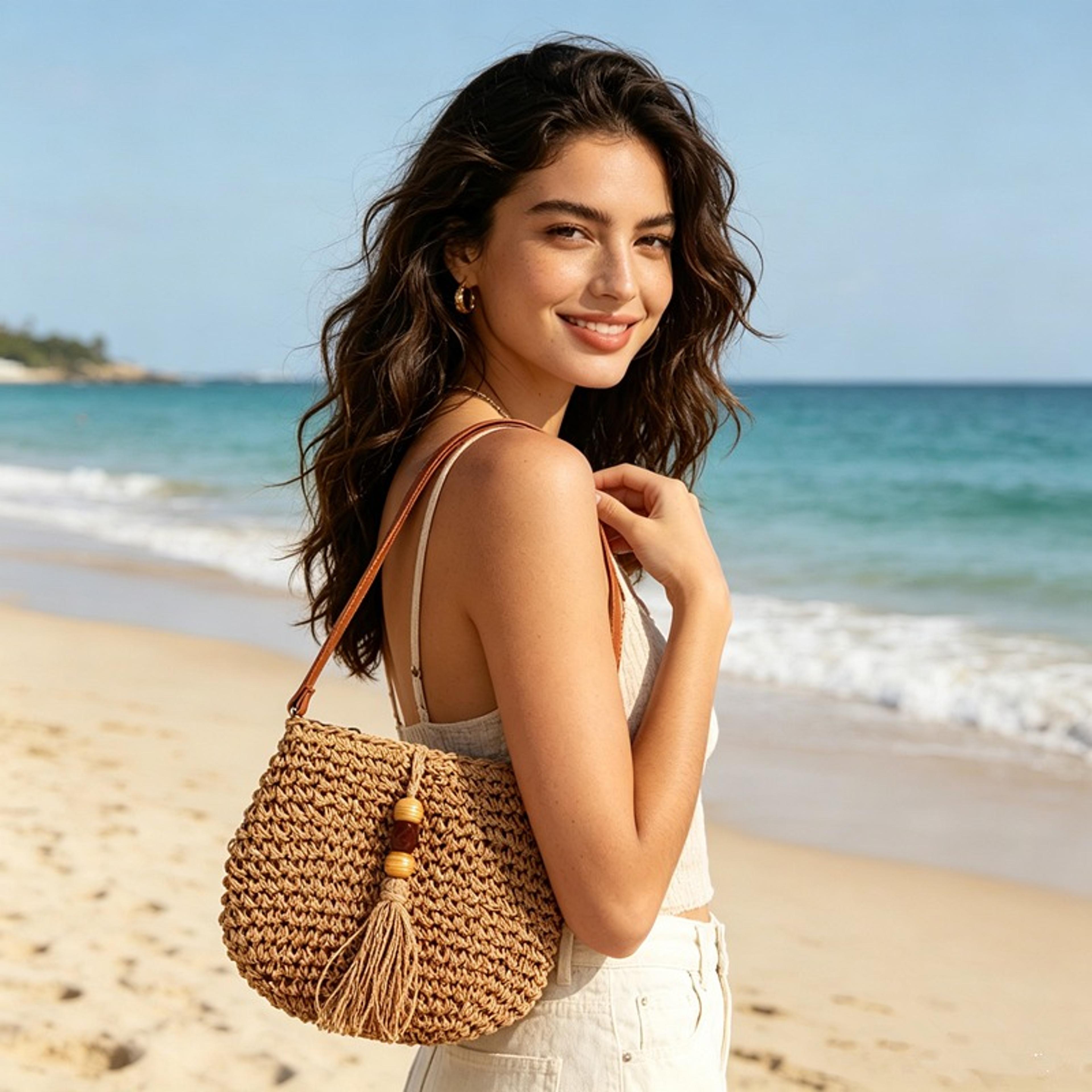 handwoven straw crossbody bag with tassel and adjustable strap