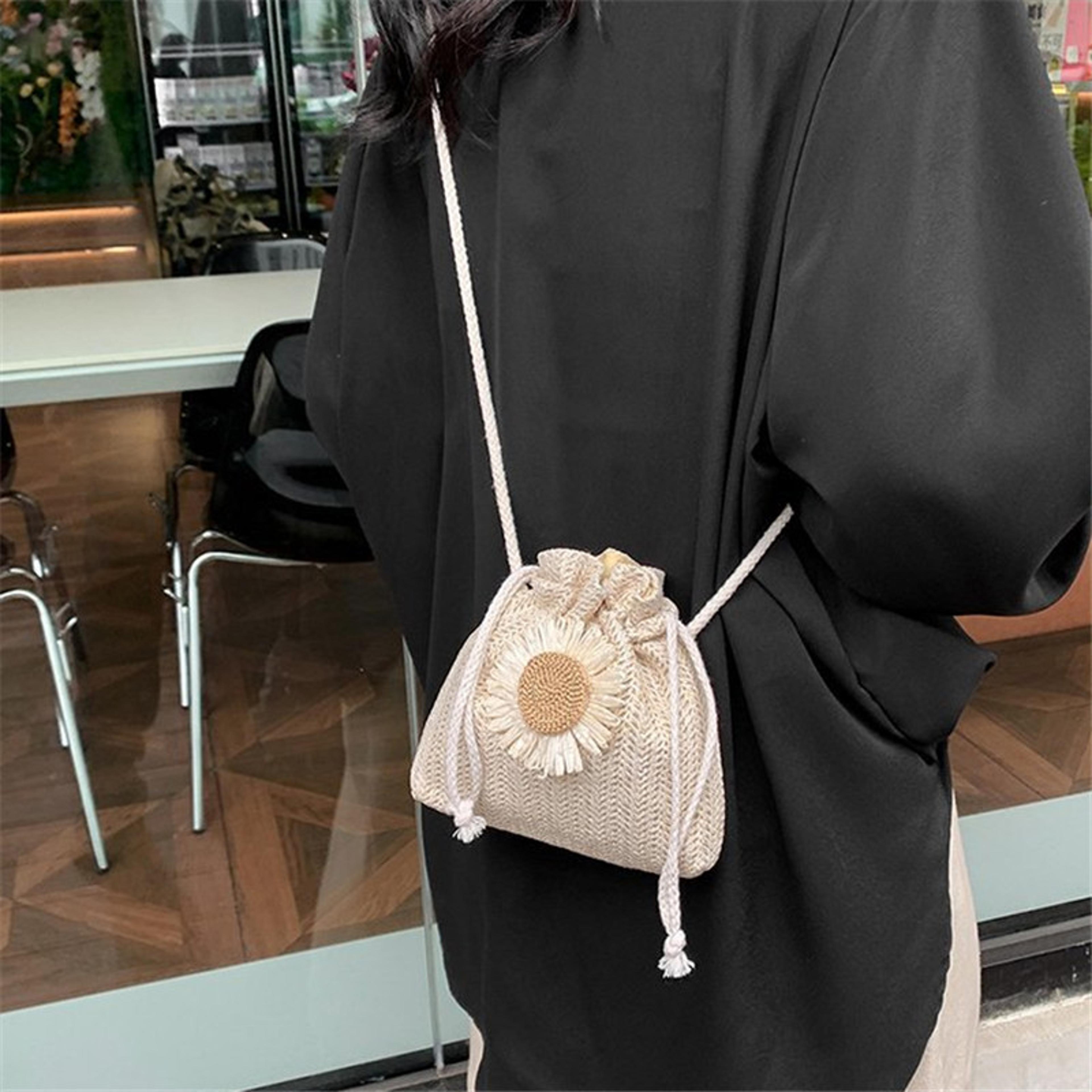 summer straw drawstring mini bucket shoulder bag for women