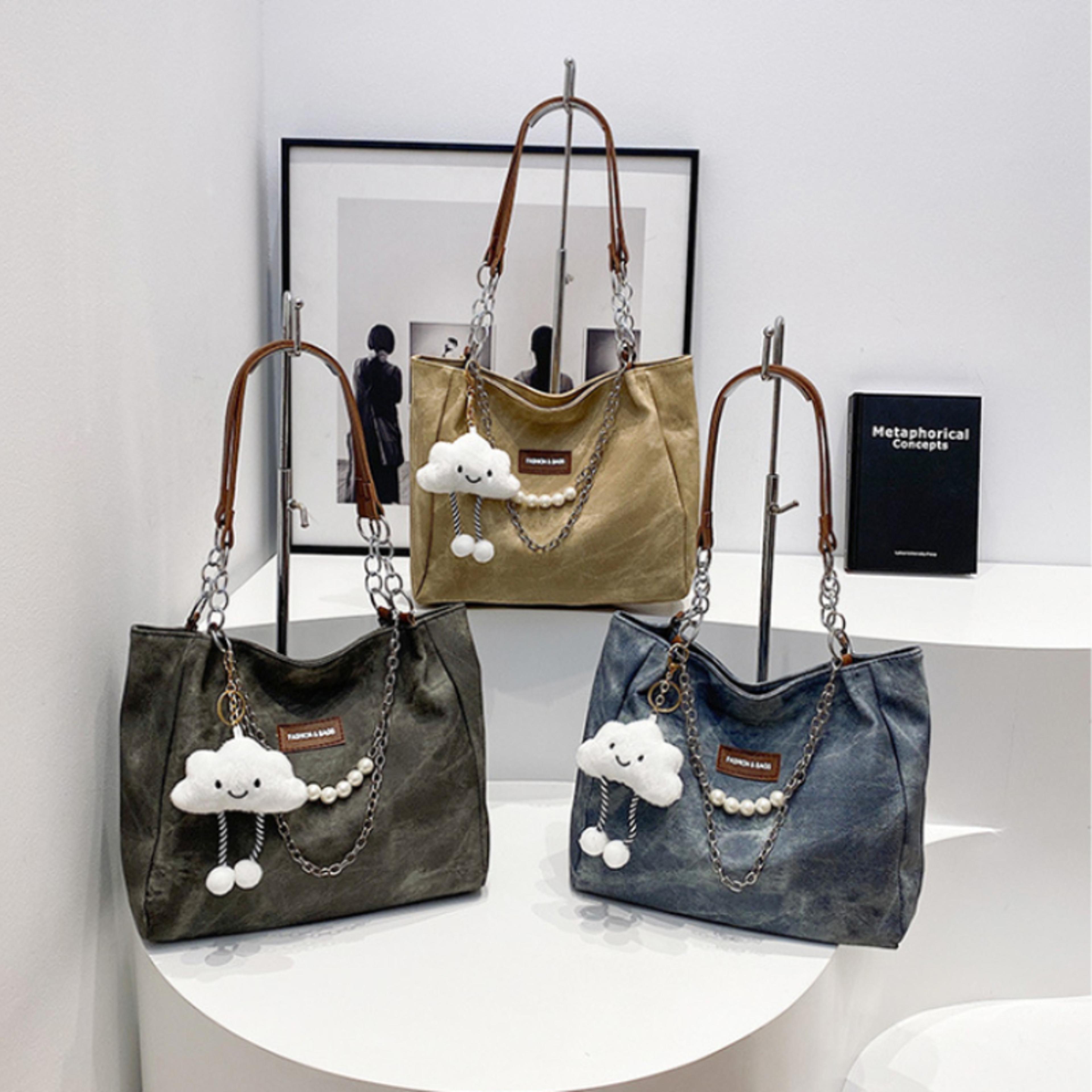 tie dye denim shoulder bag for women with pearl chain and cloud pendant
