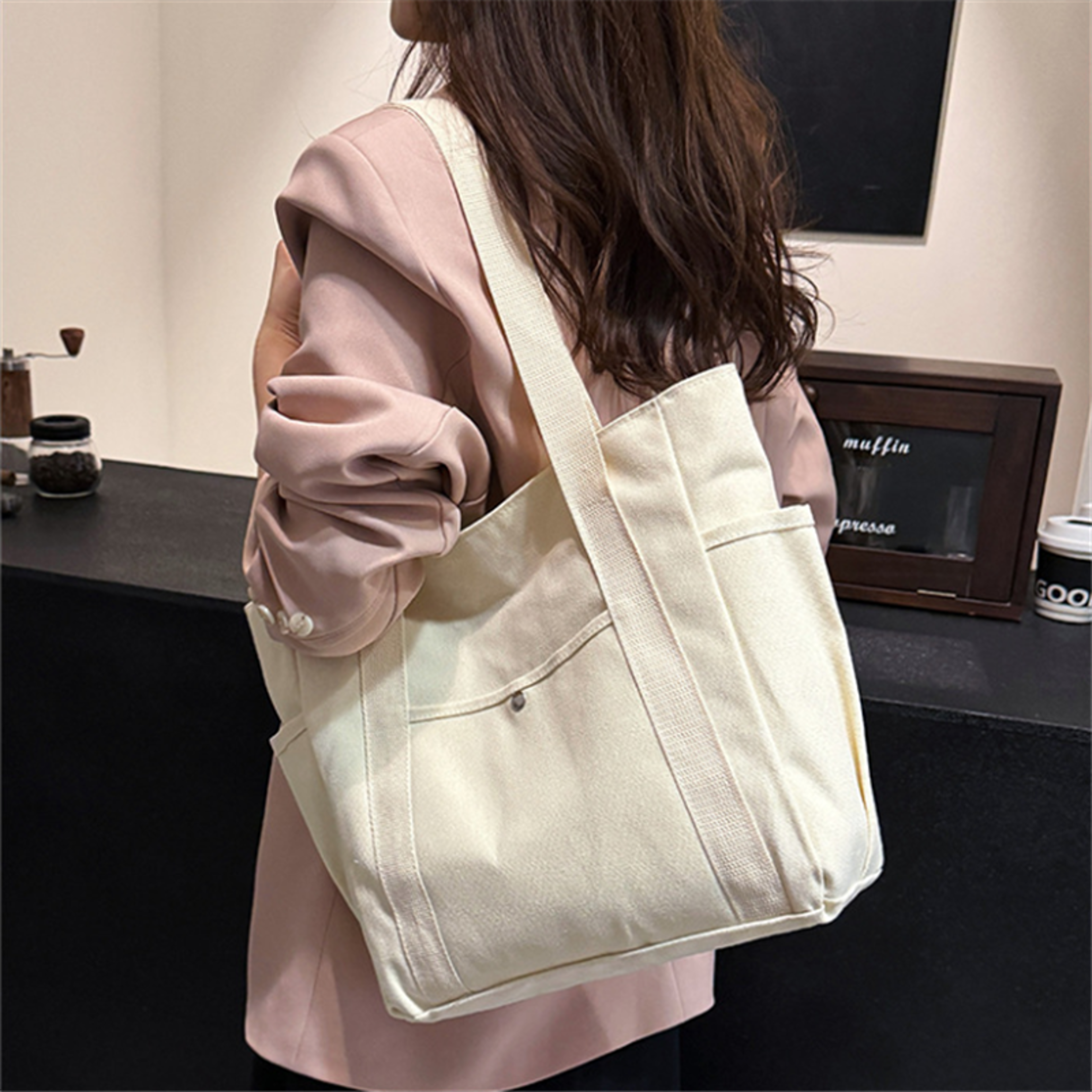 multi pocket canvas tote bag for women shoulder book bag