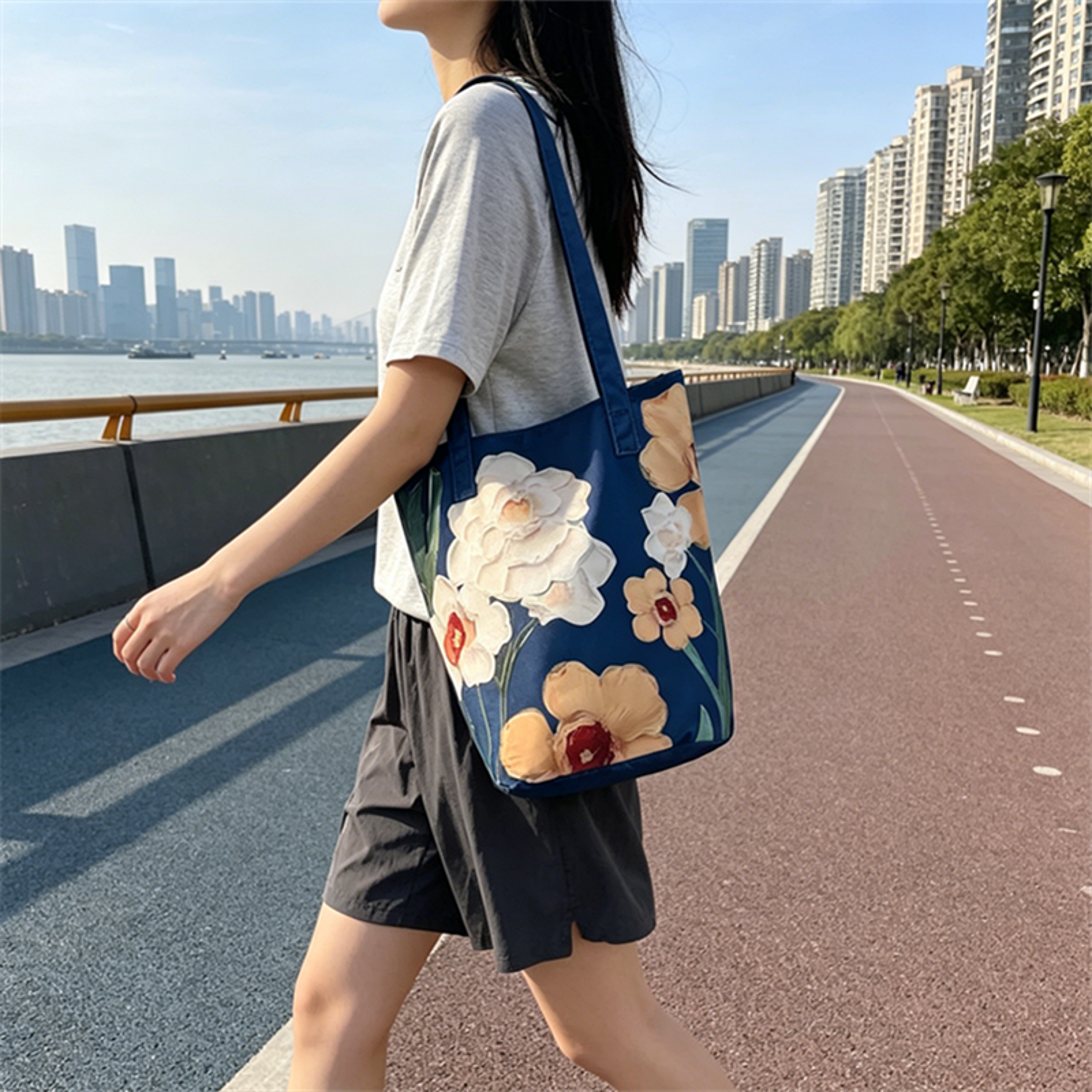 floral canvas tote bag with daffodil print reusable shoulder bag