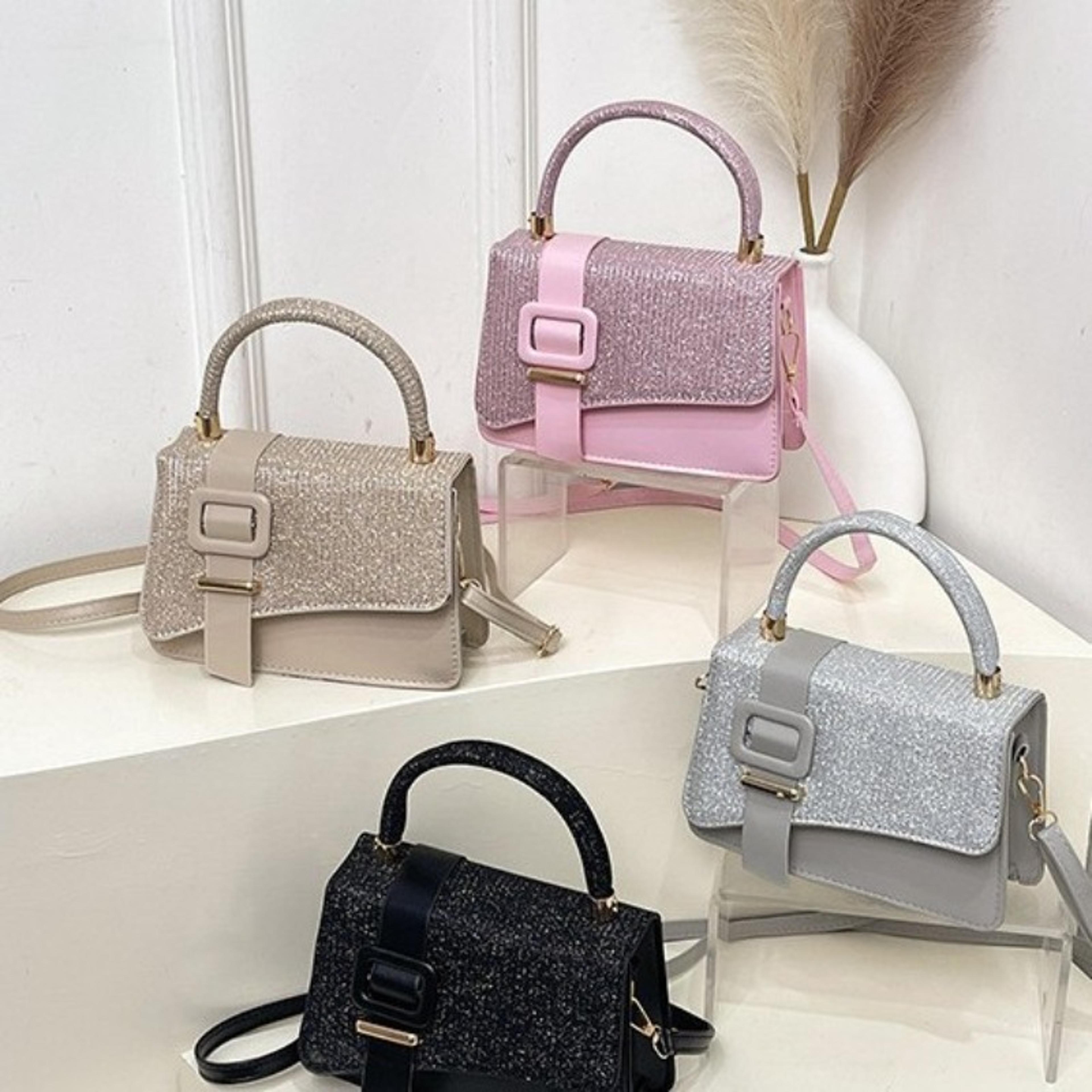 champagne glitter mini crossbody purse and top handle evening bag