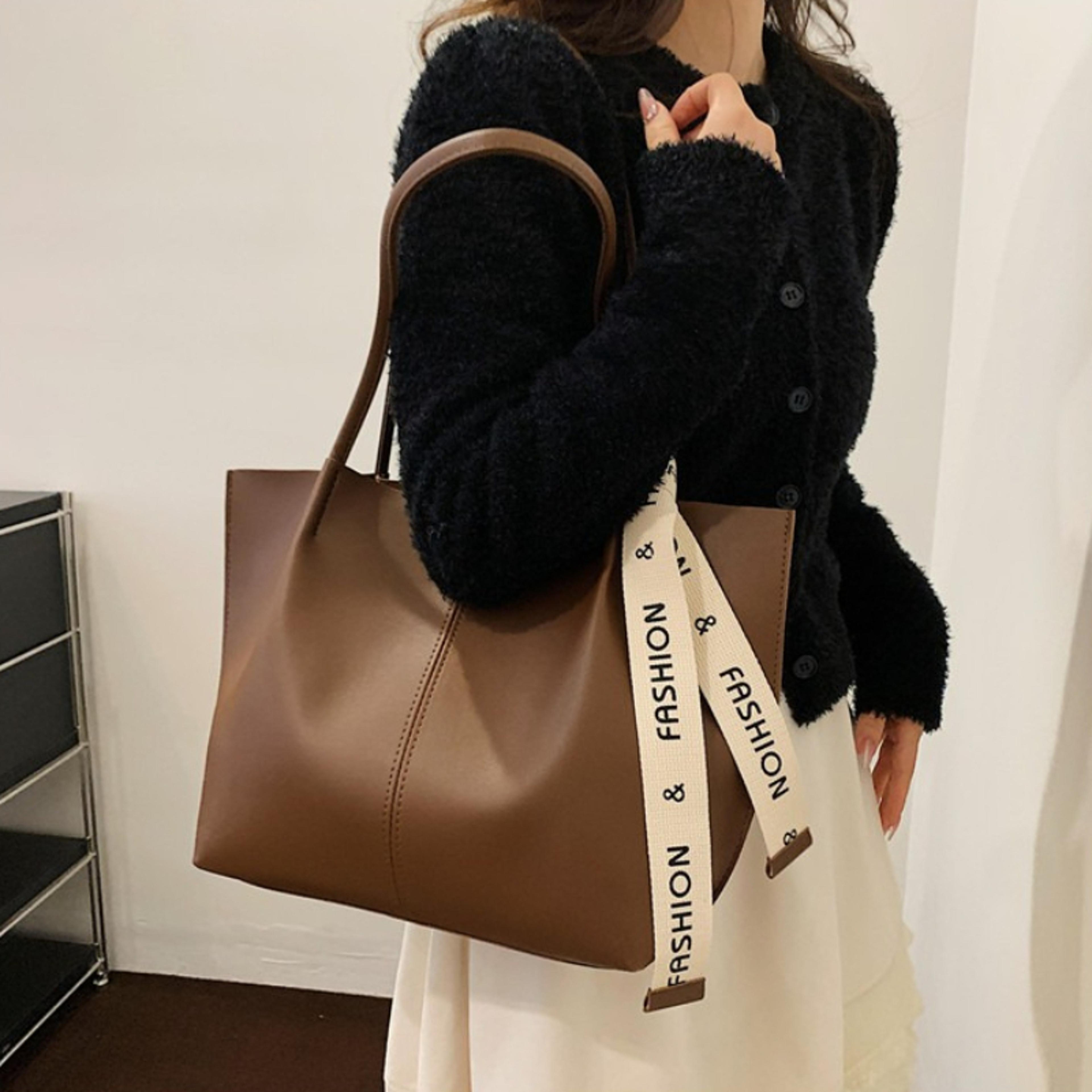 chic ribbon faux leather tote bag large capacity shoulder purse for women