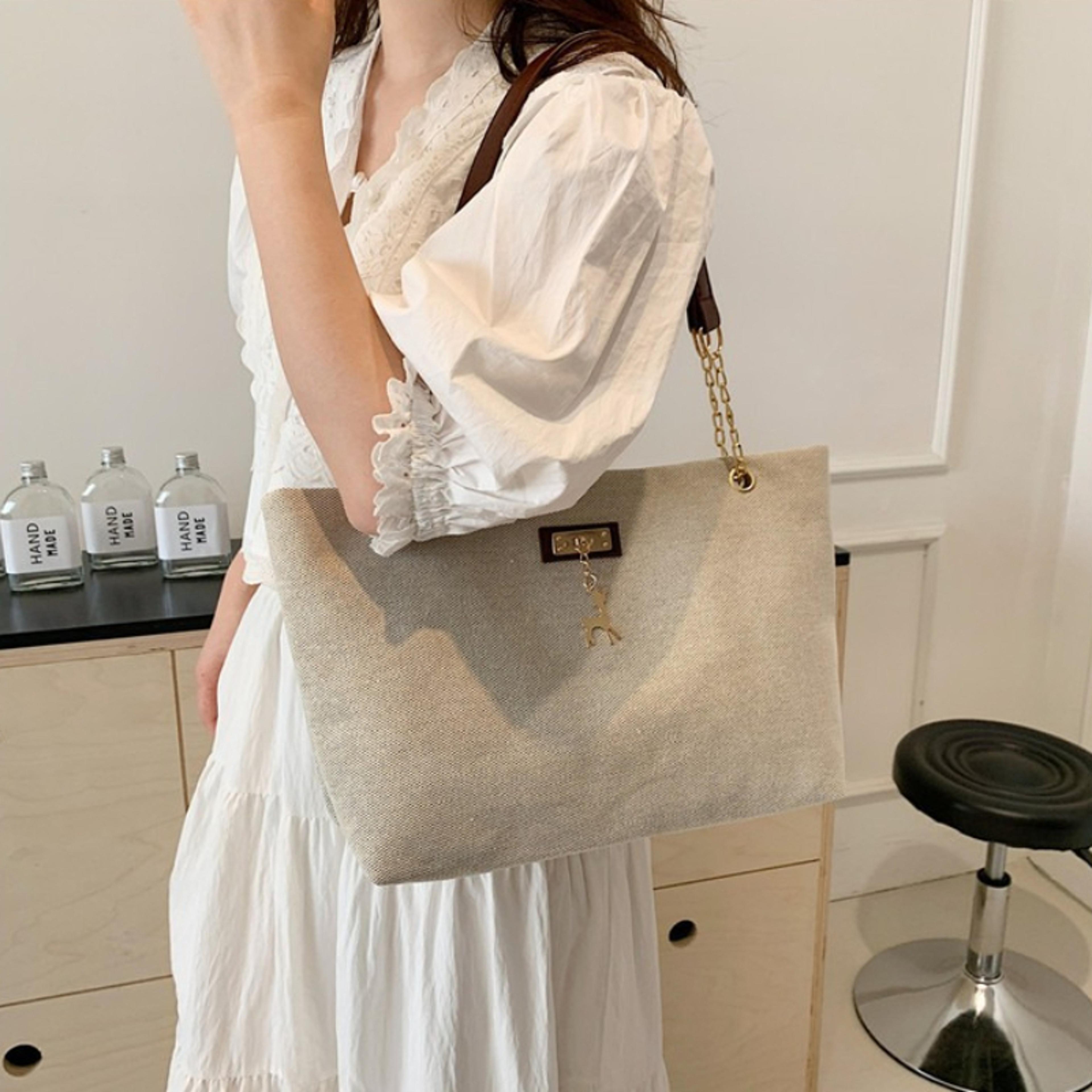 large capacity canvas tote bag for women with leather strap and deer charm