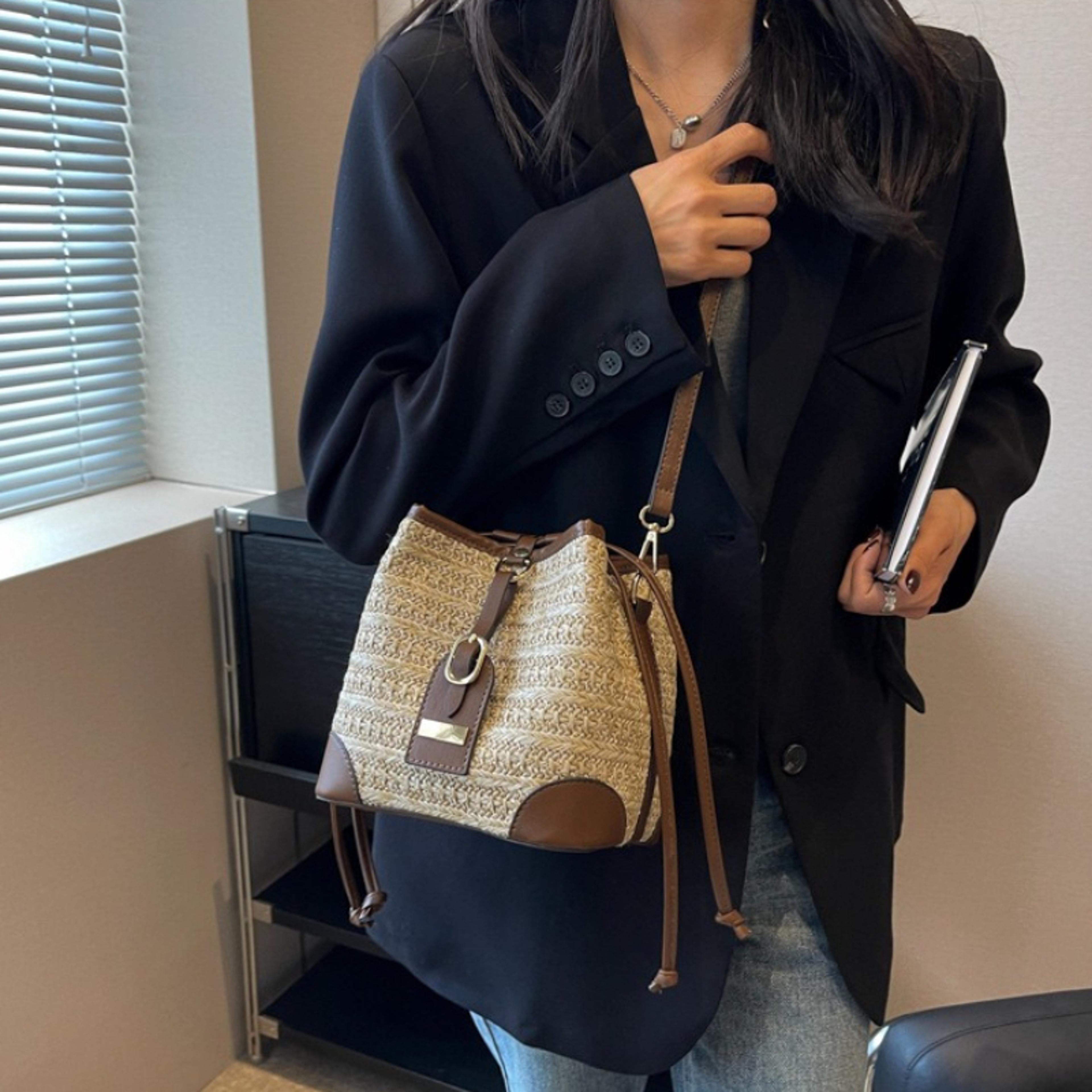 vintage straw bucket bag woven crossbody purse for women