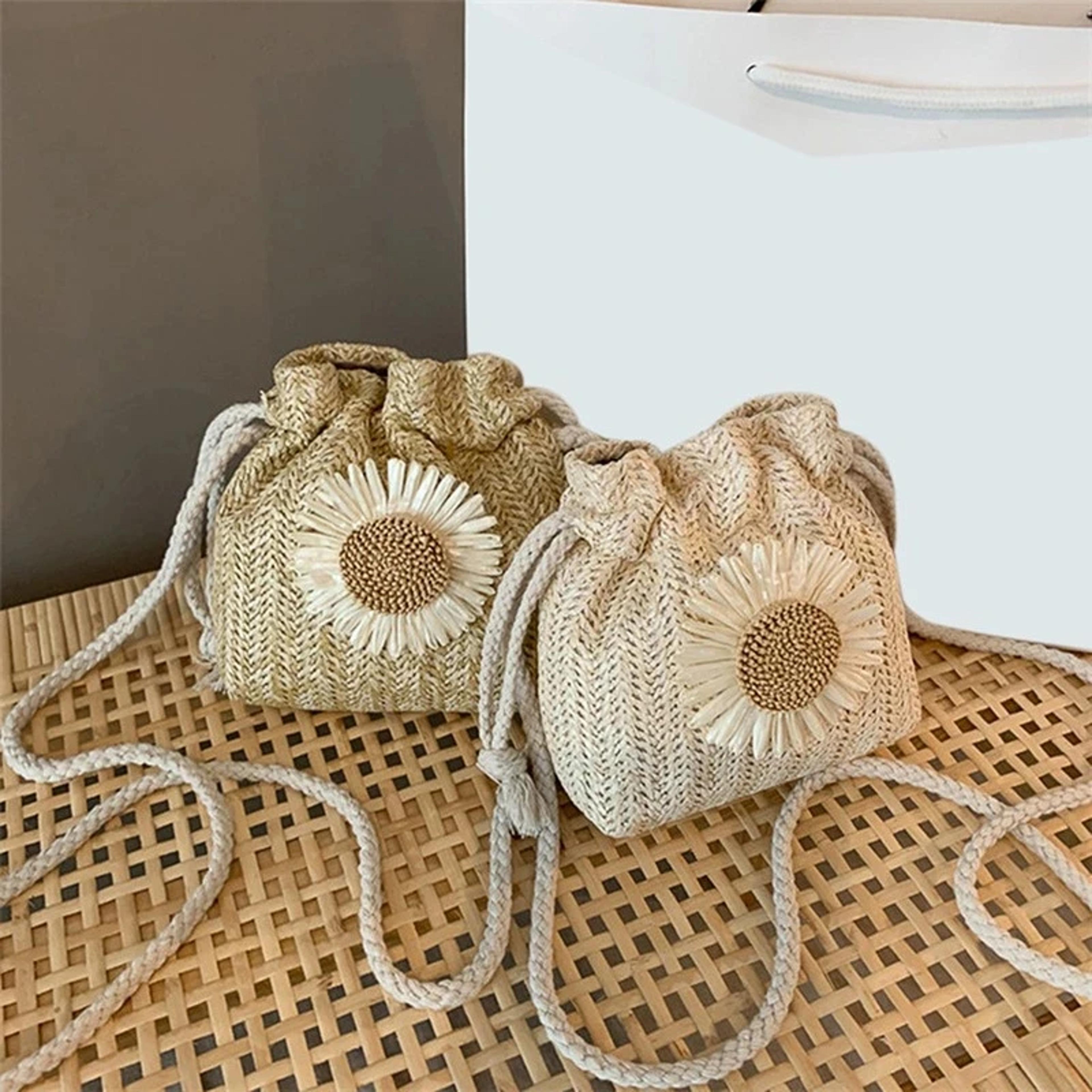 floral woven straw crossbody bag mini bucket purse for women