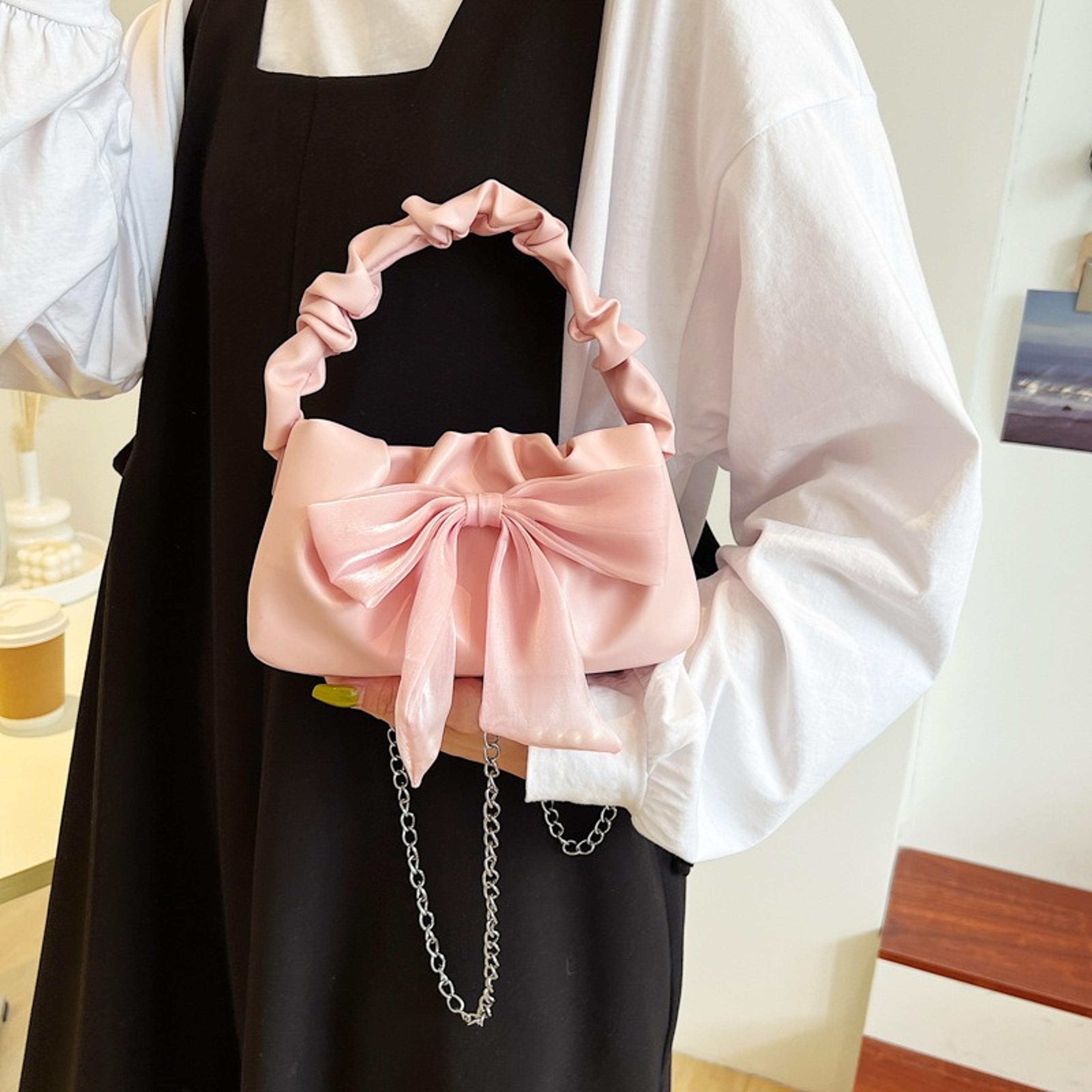 chic bow mini handbag with ruched handle and detachable crossbody chain