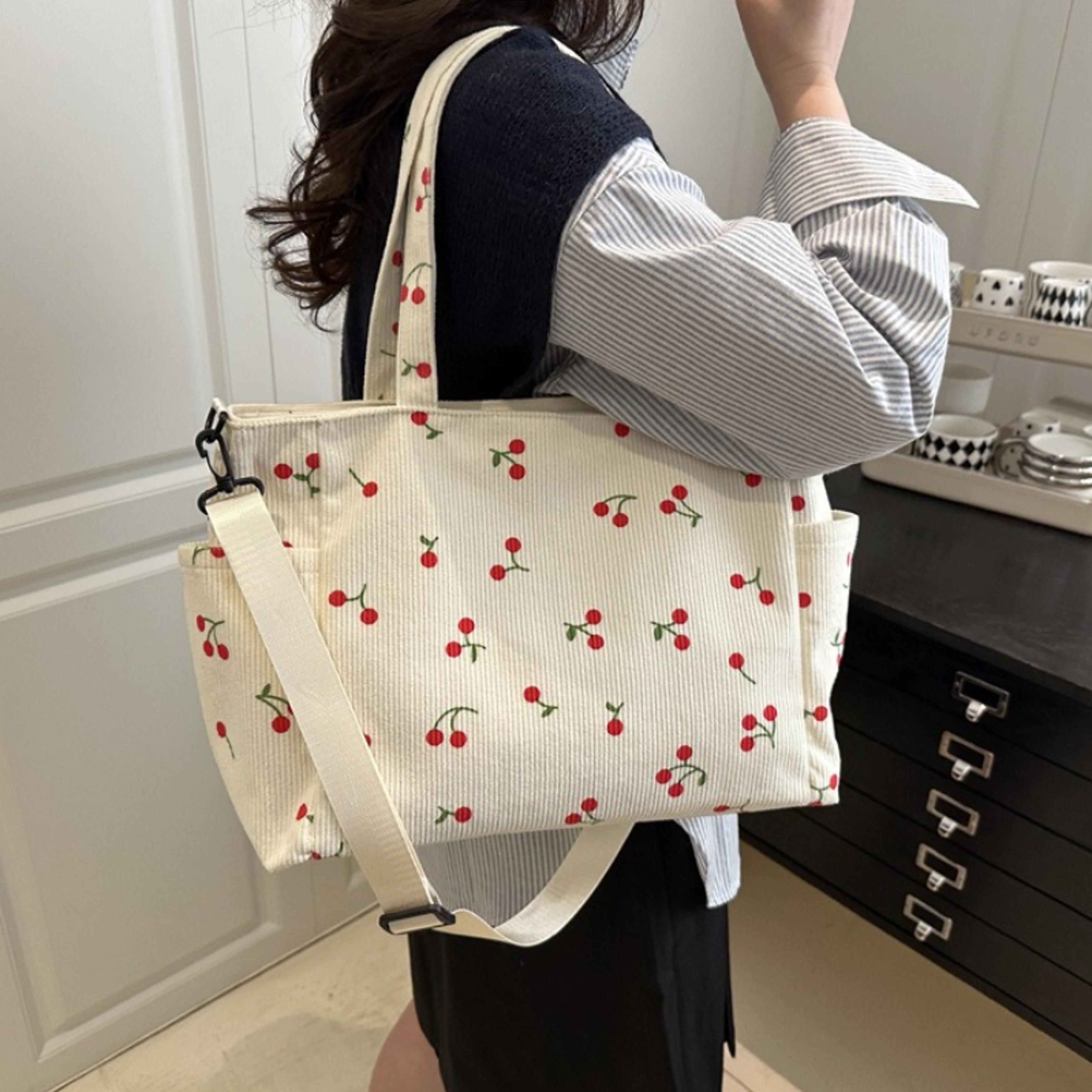 cherry print corduroy crossbody bag large capacity shoulder purse for women