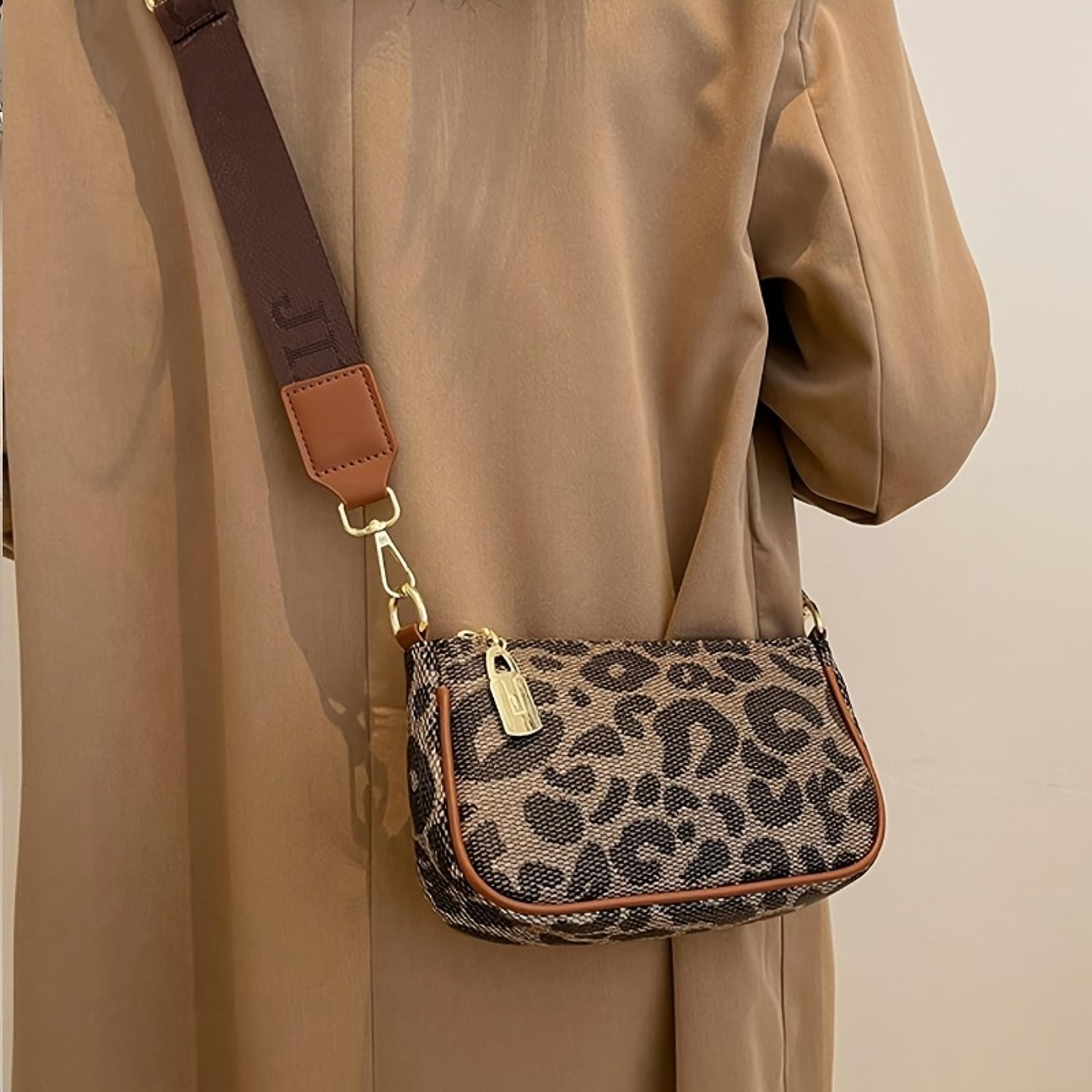 leopard print crossbody bag for women with faux leather trim and gold accents