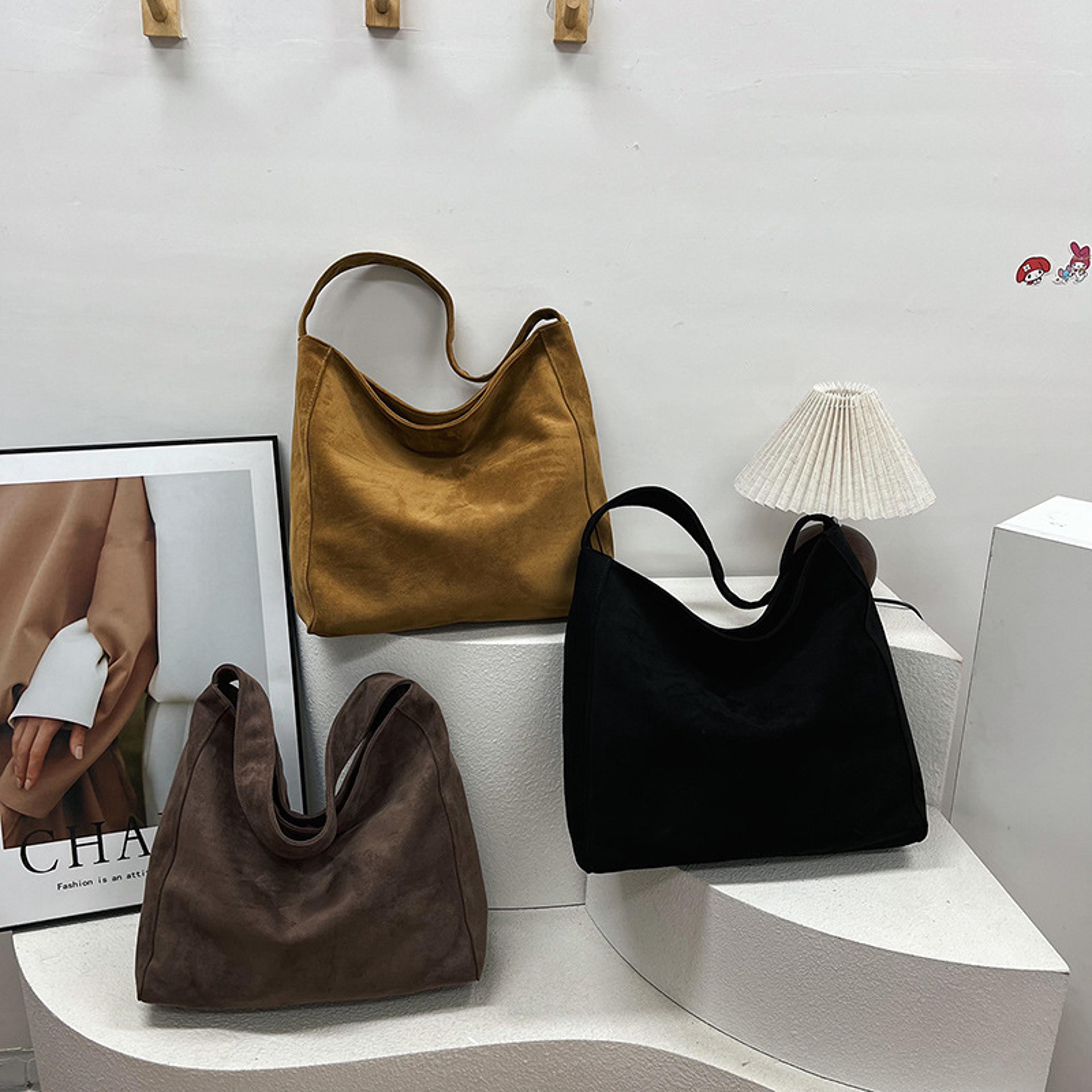 vintage faux suede tote bag for women soft work and travel shoulder handbag