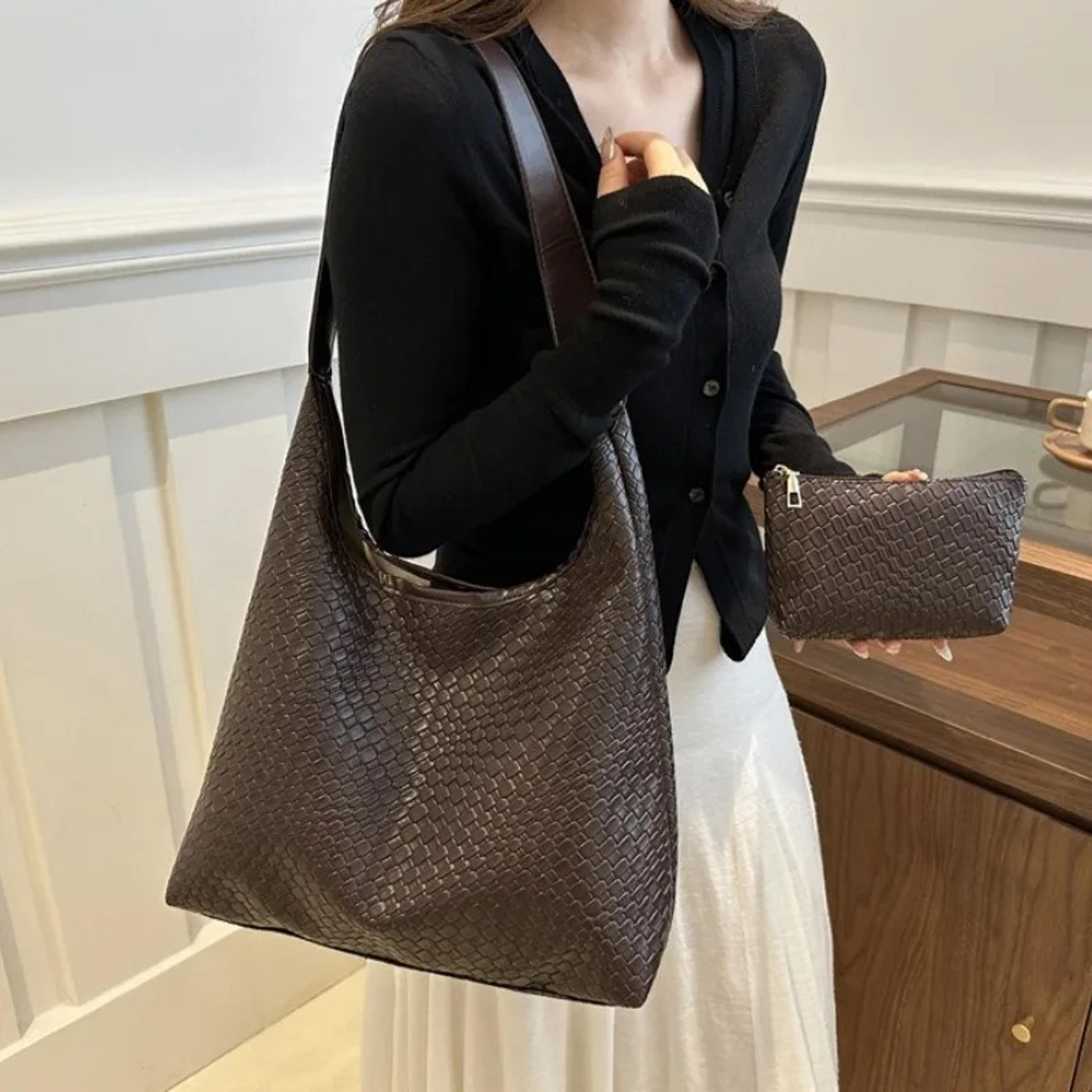 minimalist woven tote bag with pouch large capacity shoulder bag for women