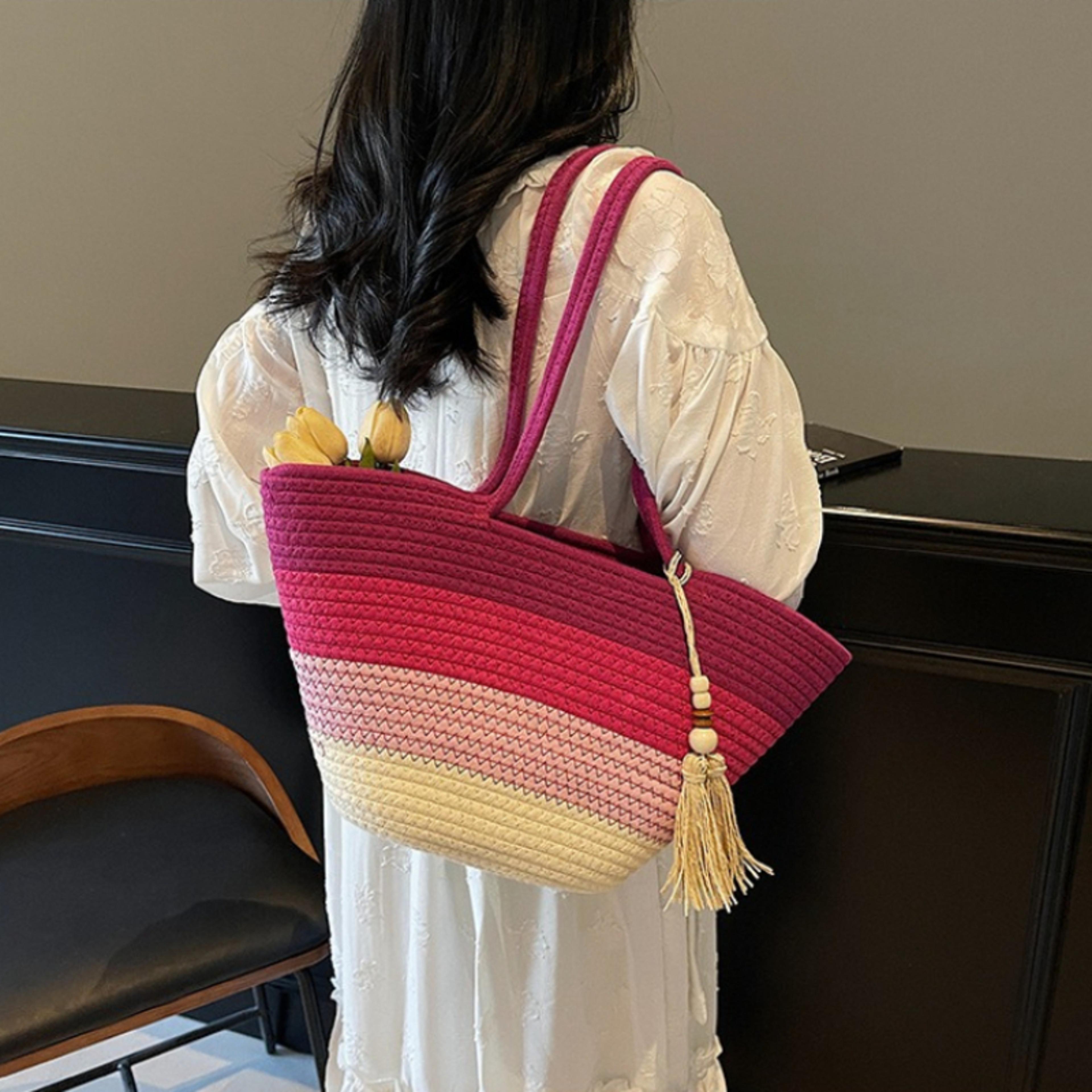 striped crochet tote bag large beach tote with tassel charm