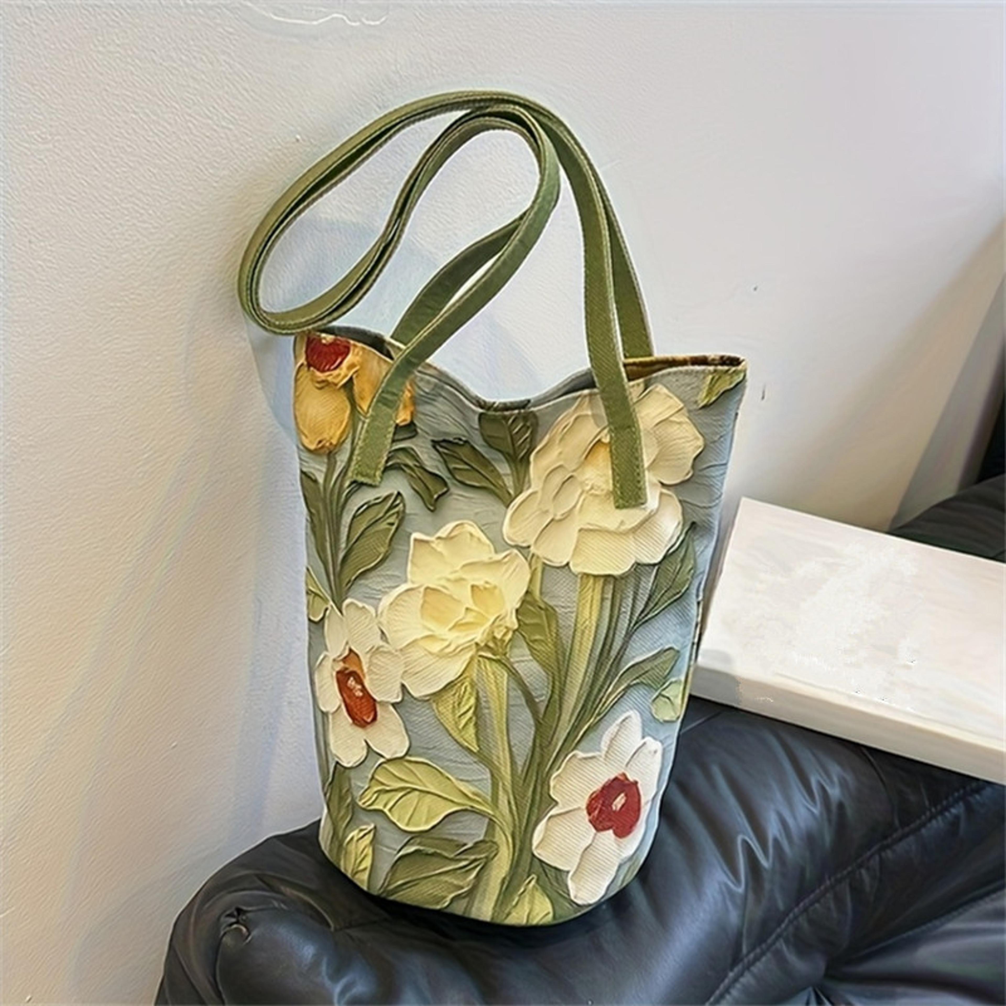 floral bucket crossbody bag for women artistic flower print shoulder tote