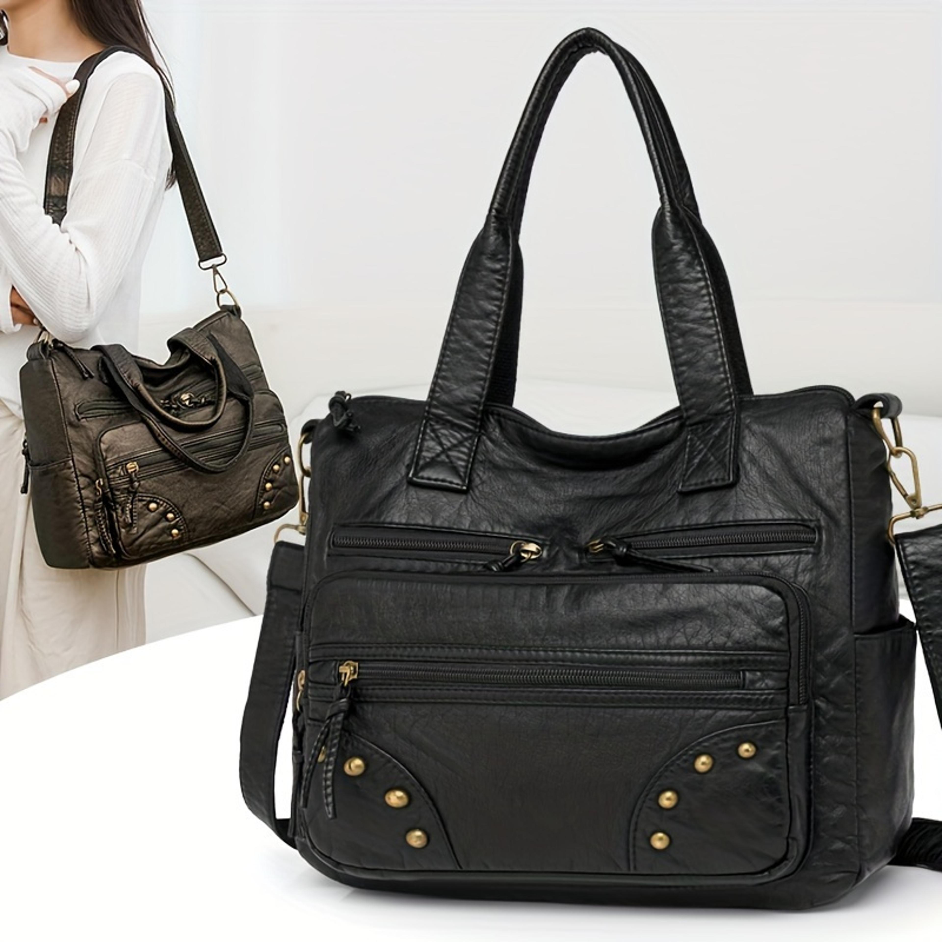 vintage multi pocket tote bag for women with detachable crossbody strap