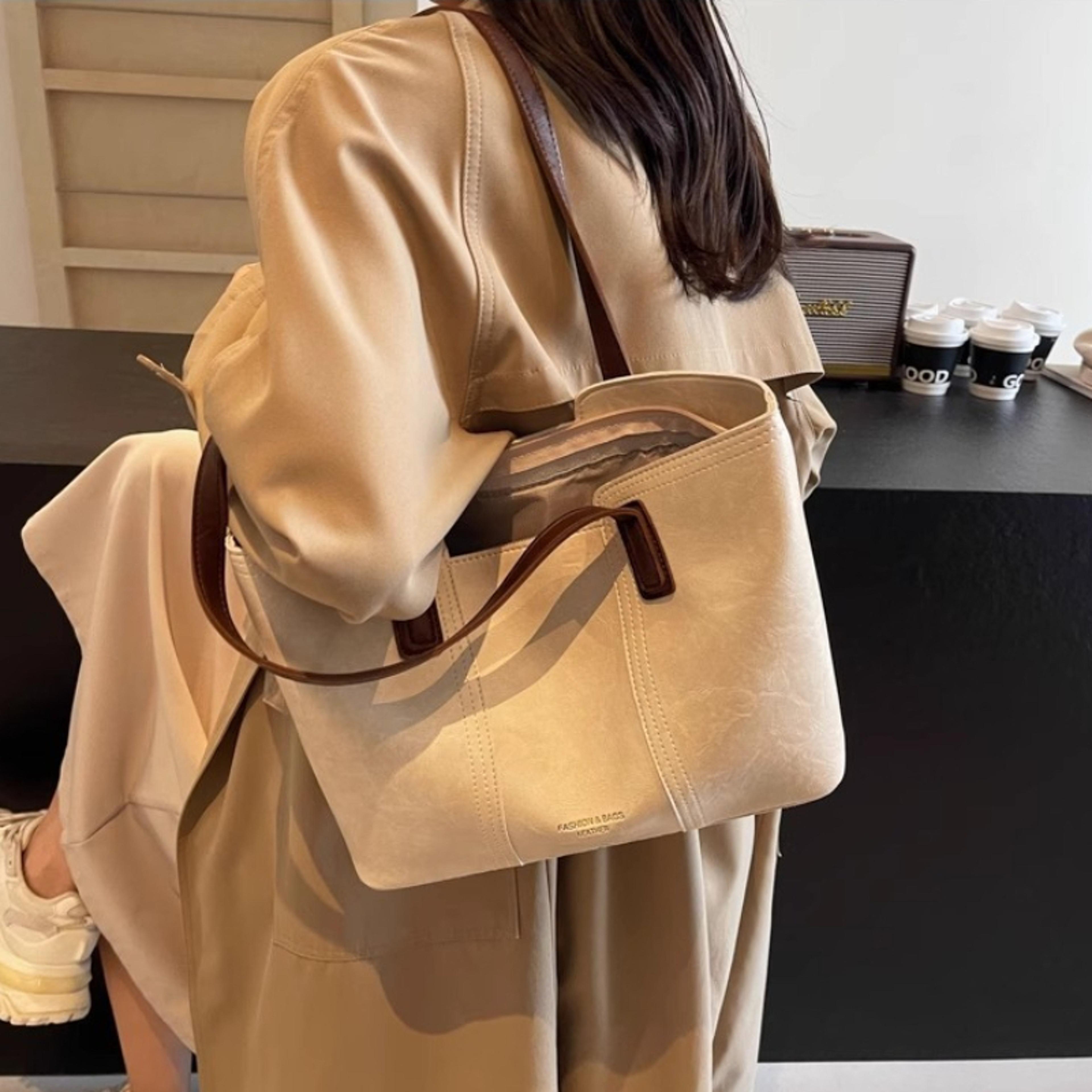 soft faux leather large capacity work tote bag for women with brown trim