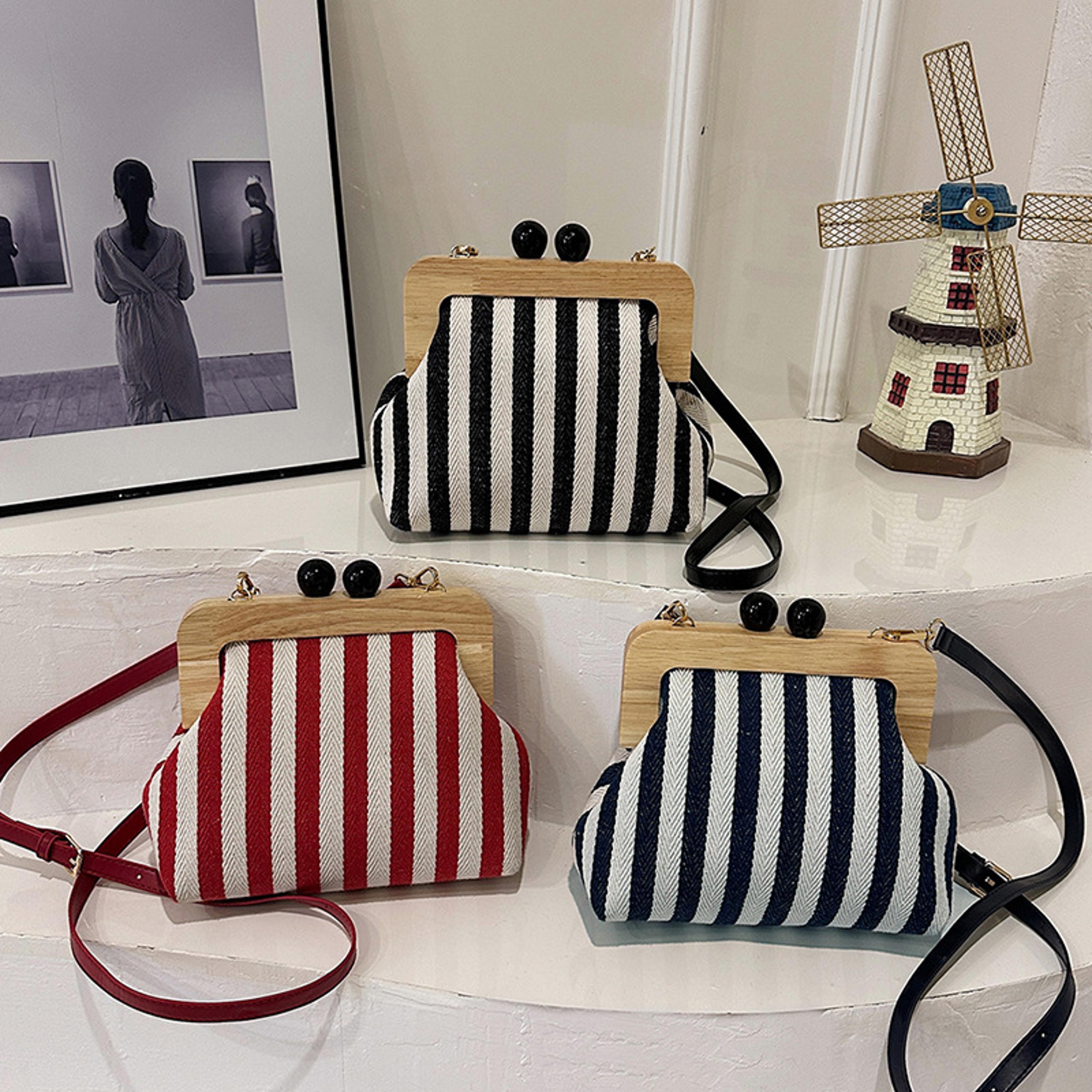 vintage striped crossbody bag with wooden kiss lock purse frame and adjustable strap