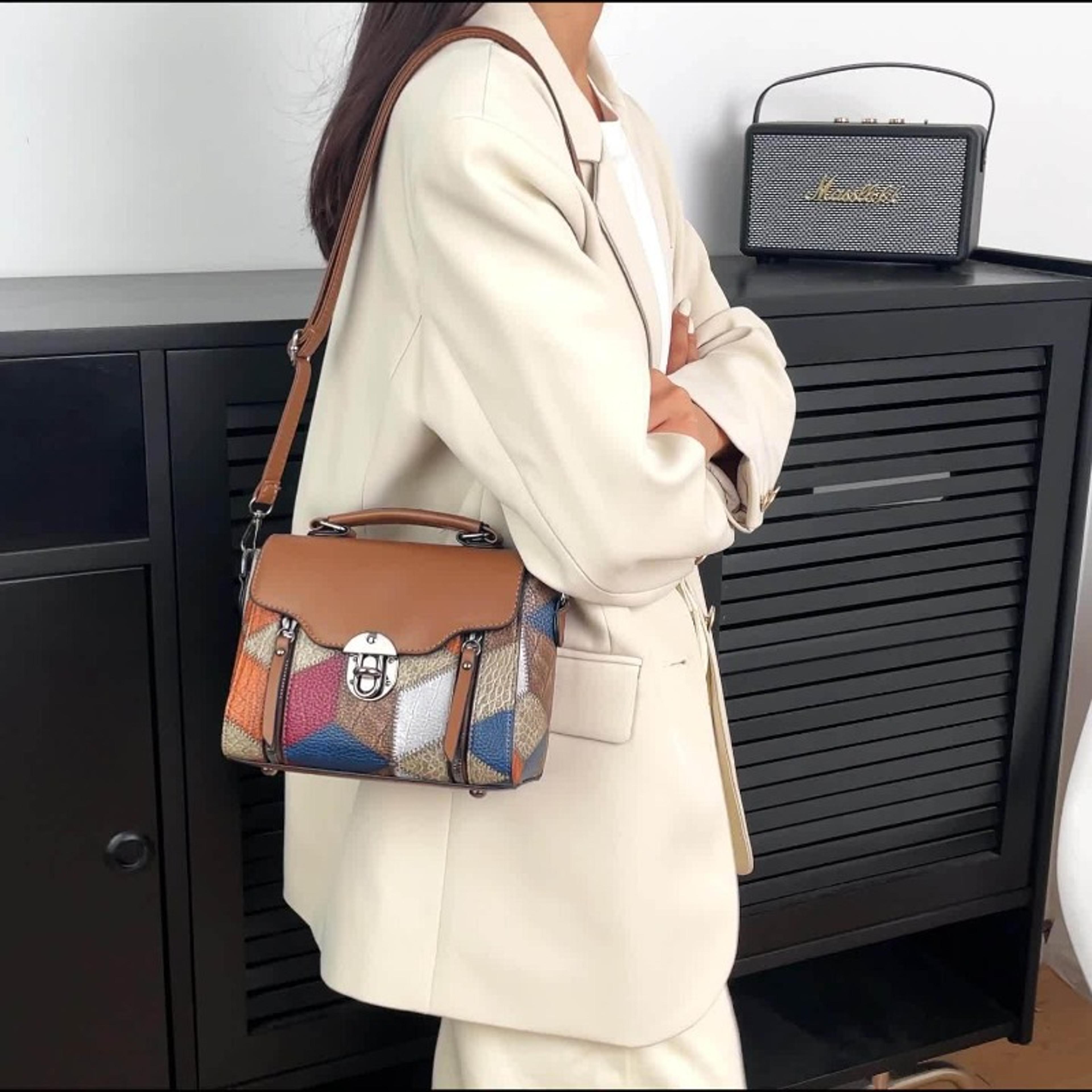 vintage patchwork crossbody bag for women with top handle lock clasp and adjustable strap